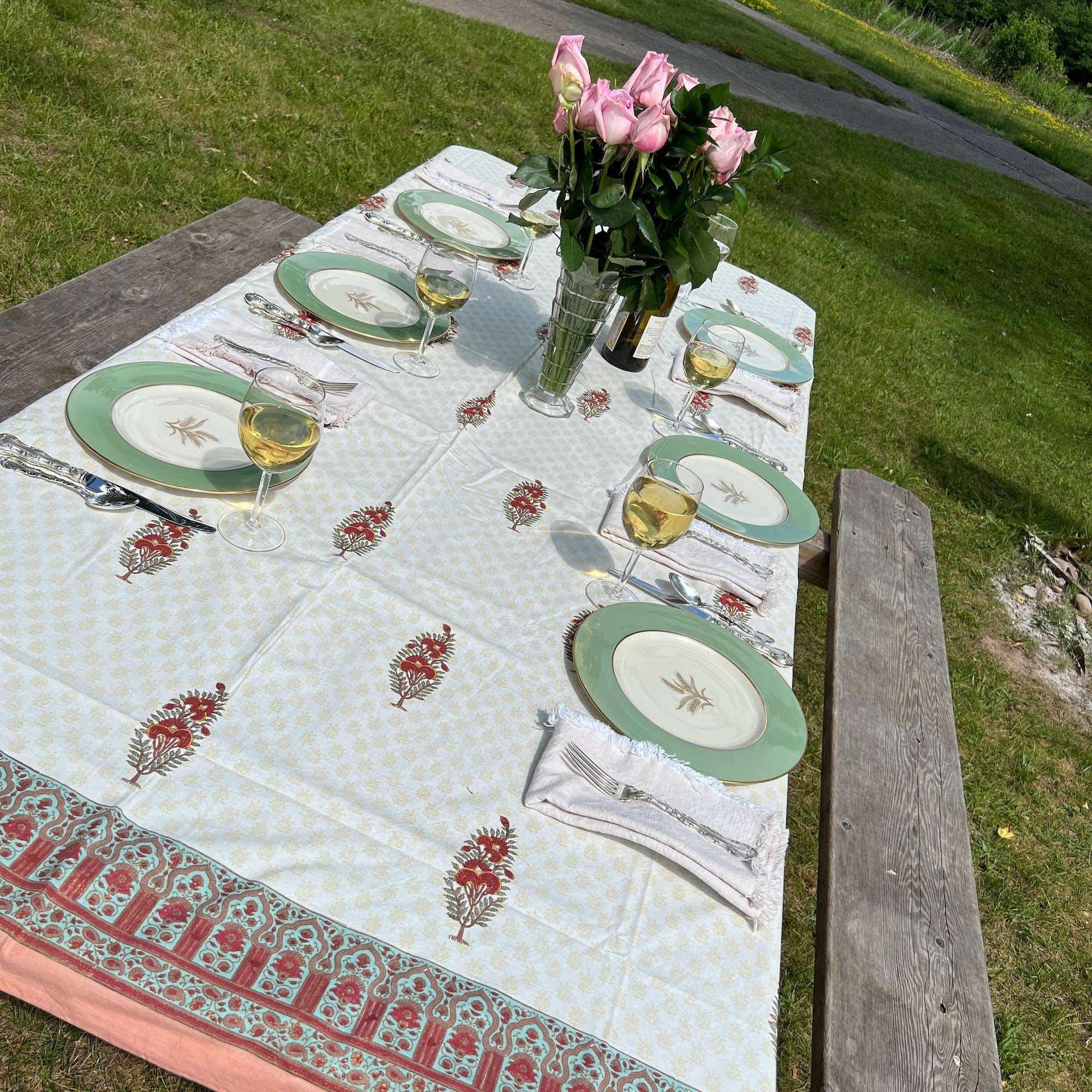 Red Flower Block Print Tablecloth 60 X 90 - Vintage India NYC