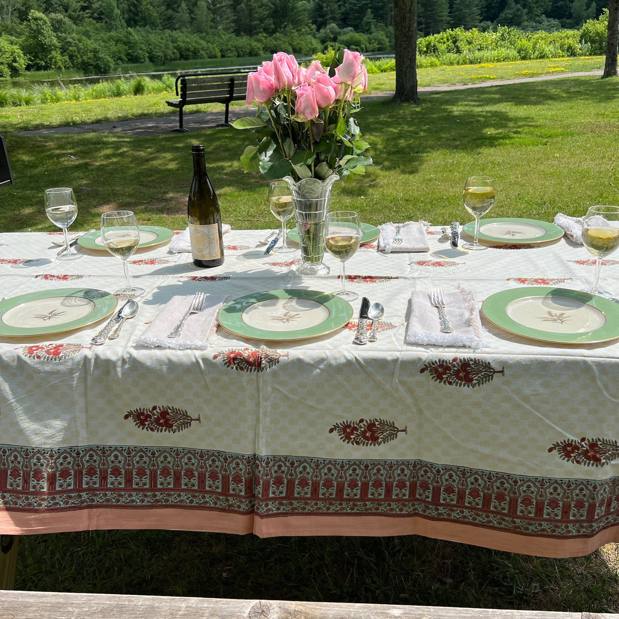 Red Flower Block Print Tablecloth 60 X 90 - Vintage India NYC