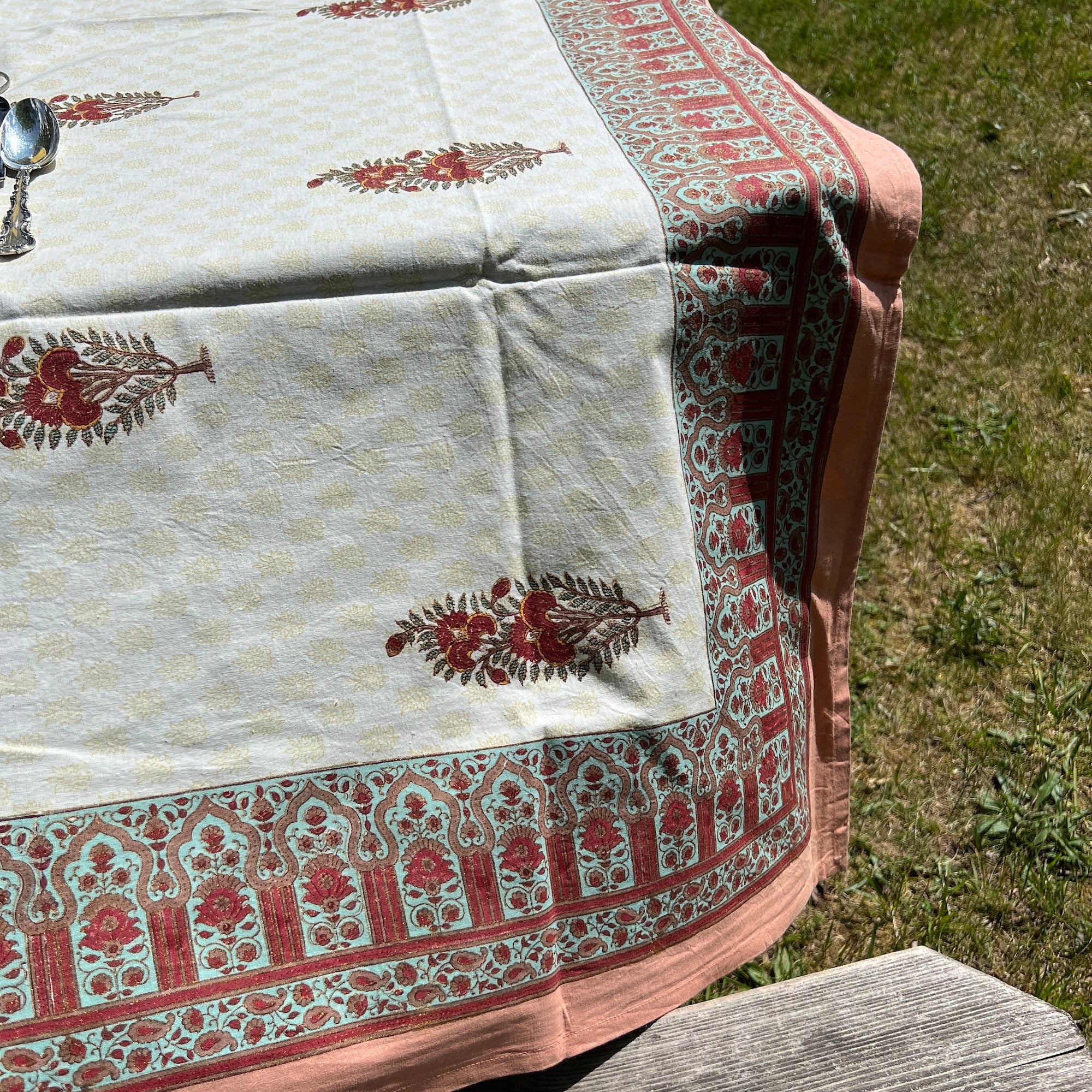 Red Flower Block Print Tablecloth 60 X 90 - Vintage India NYC