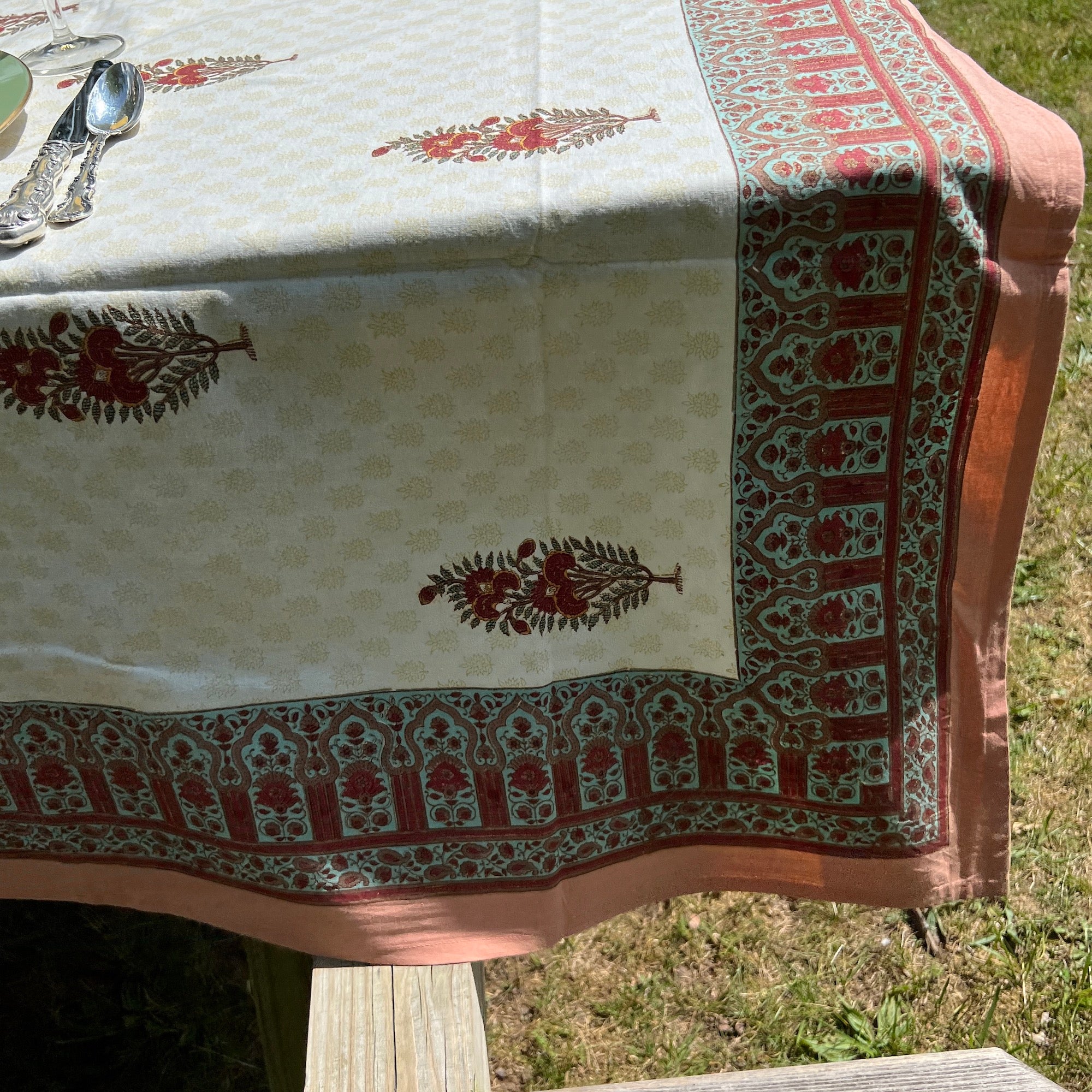 Red Flower Block Print Tablecloth 60 X 90 - Vintage India NYC