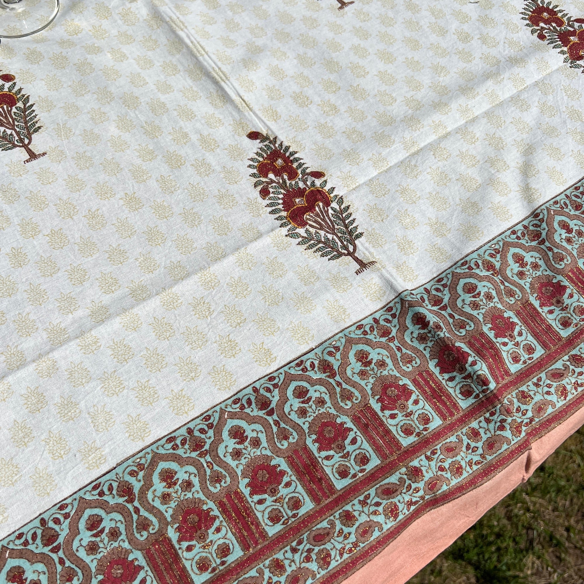 Red Flower Block Print Tablecloth 60 X 90 - Vintage India NYC