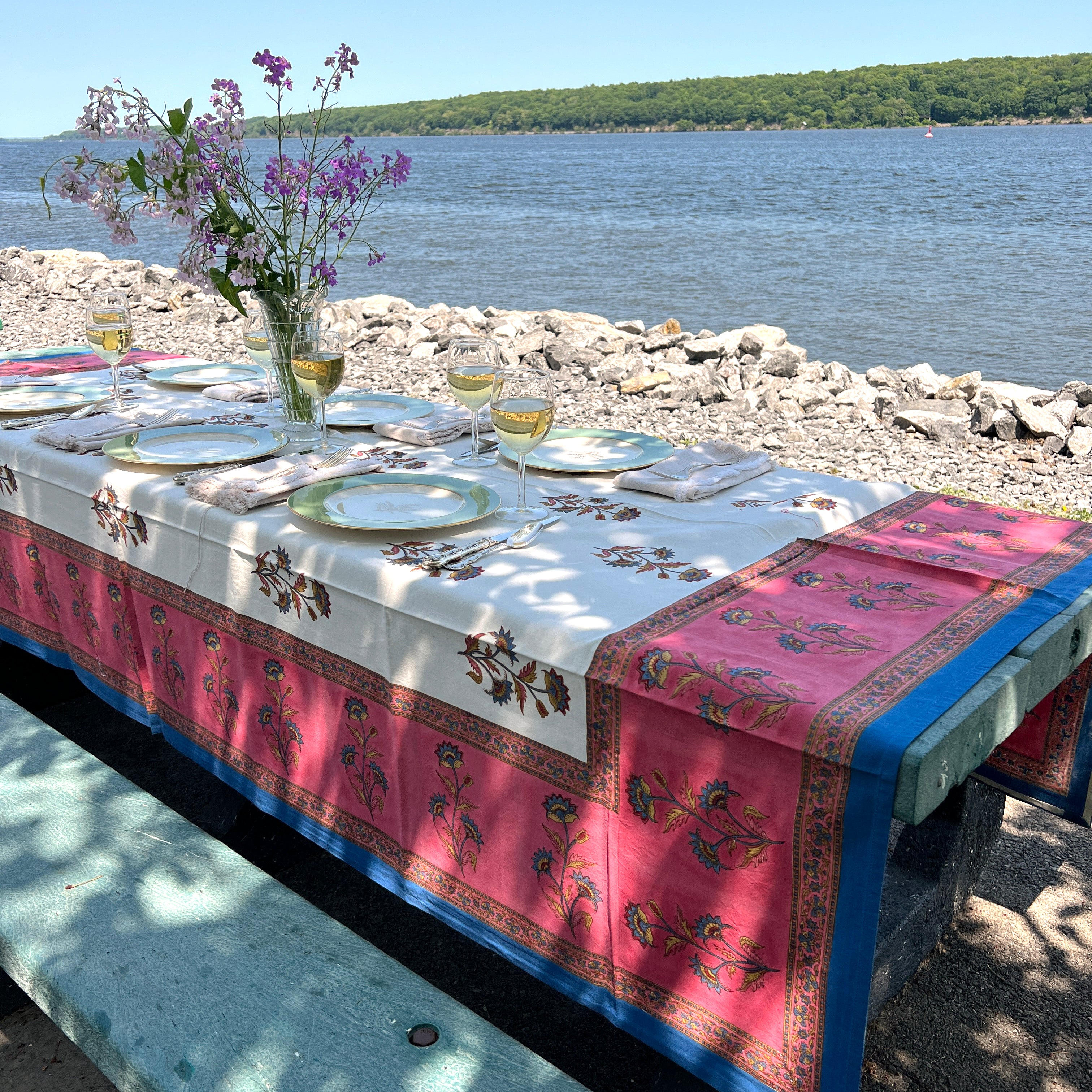 Floral Block Print Tablecloth 60 X 90- 2 Colors - Vintage India NYC