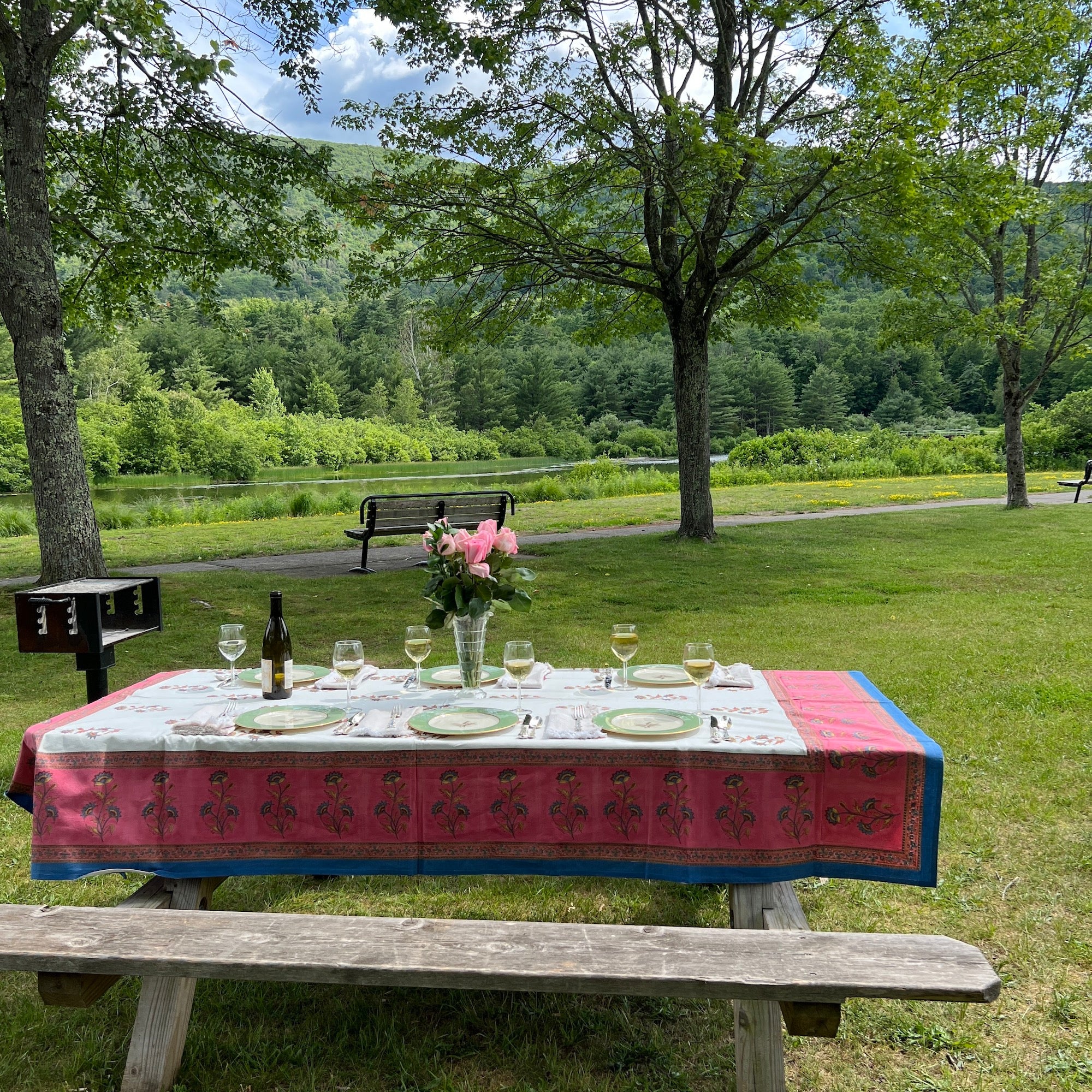Floral Block Print Tablecloth 60 X 90- 2 Colors - Vintage India NYC