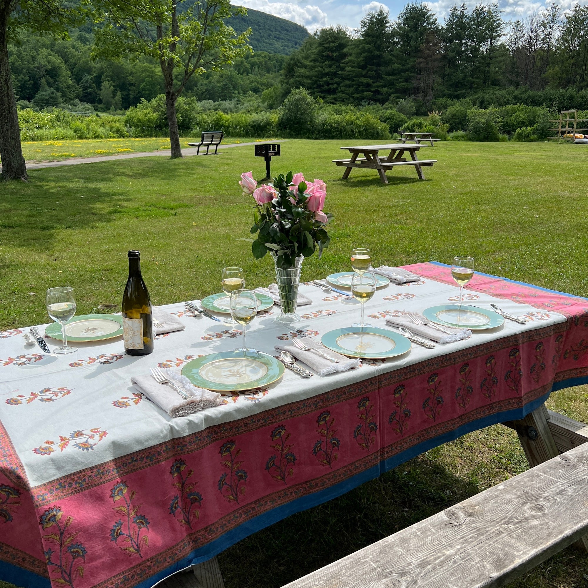 Floral Block Print Tablecloth 60 X 90- 2 Colors - Vintage India NYC