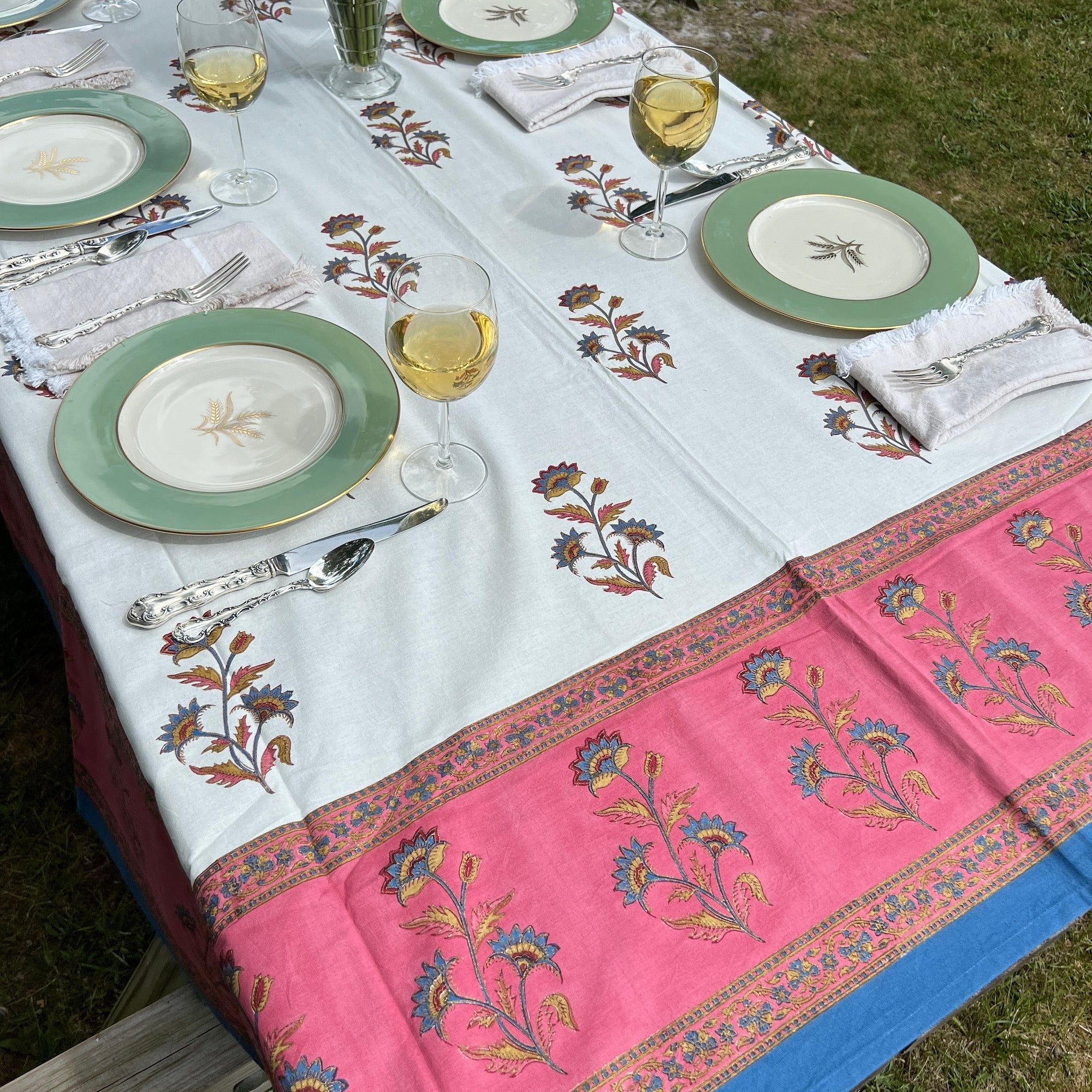 Floral Block Print Tablecloth 60 X 90- 2 Colors - Vintage India NYC