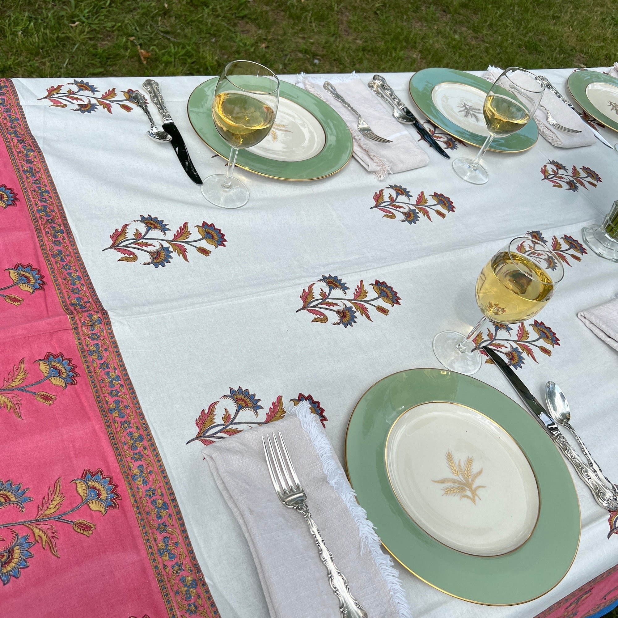 Floral Block Print Tablecloth 60 X 90- 2 Colors - Vintage India NYC