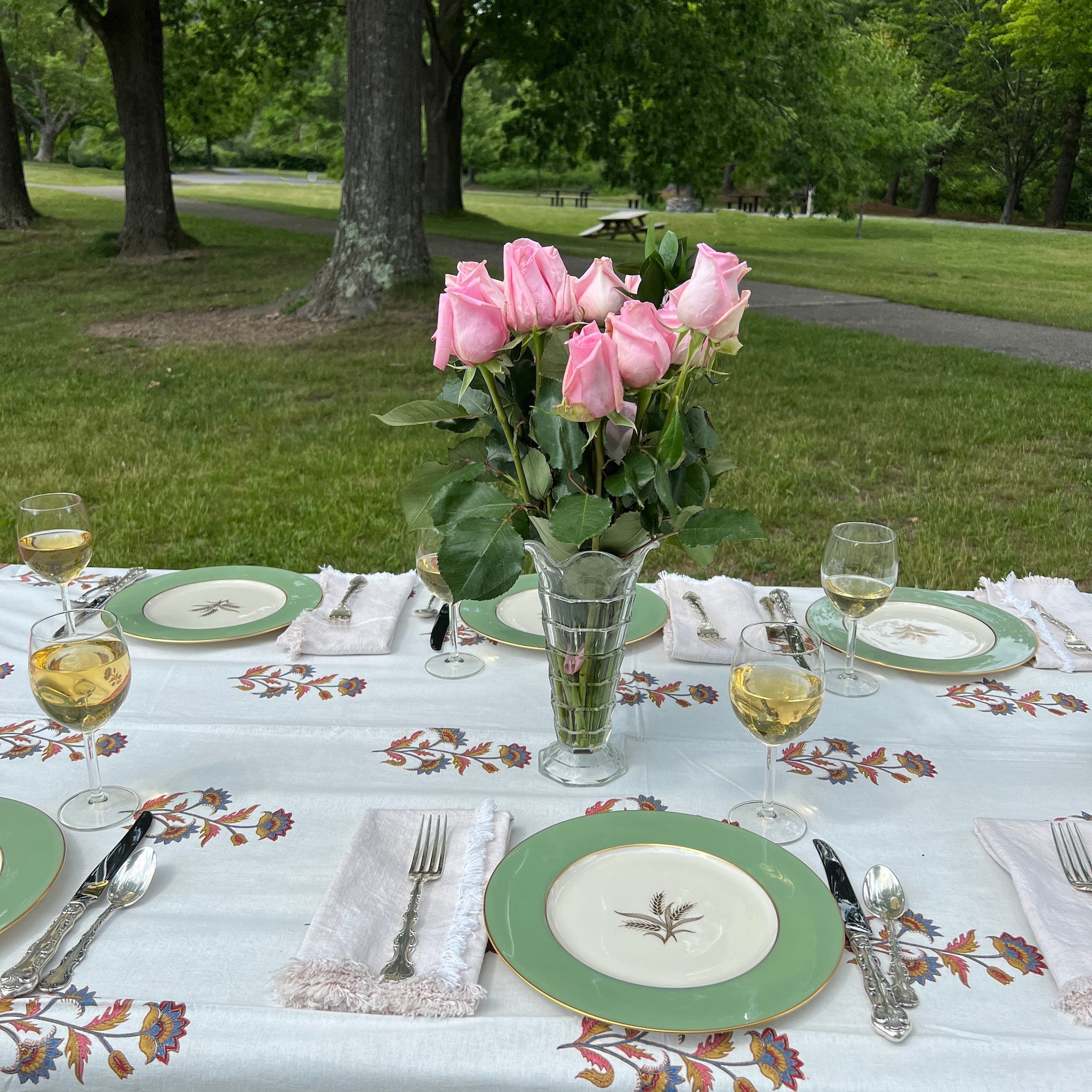 Floral Block Print Tablecloth 60 X 90- 2 Colors - Vintage India NYC