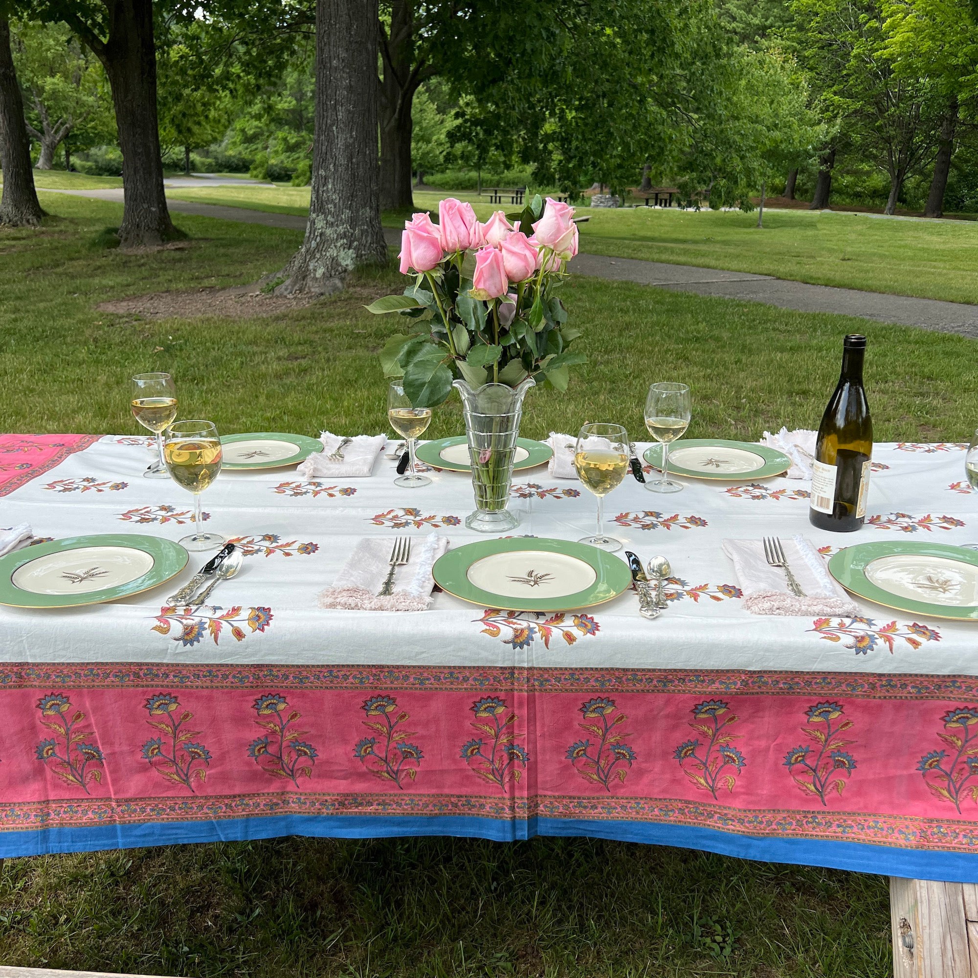 Floral Block Print Tablecloth 60 X 90- 2 Colors - Vintage India NYC