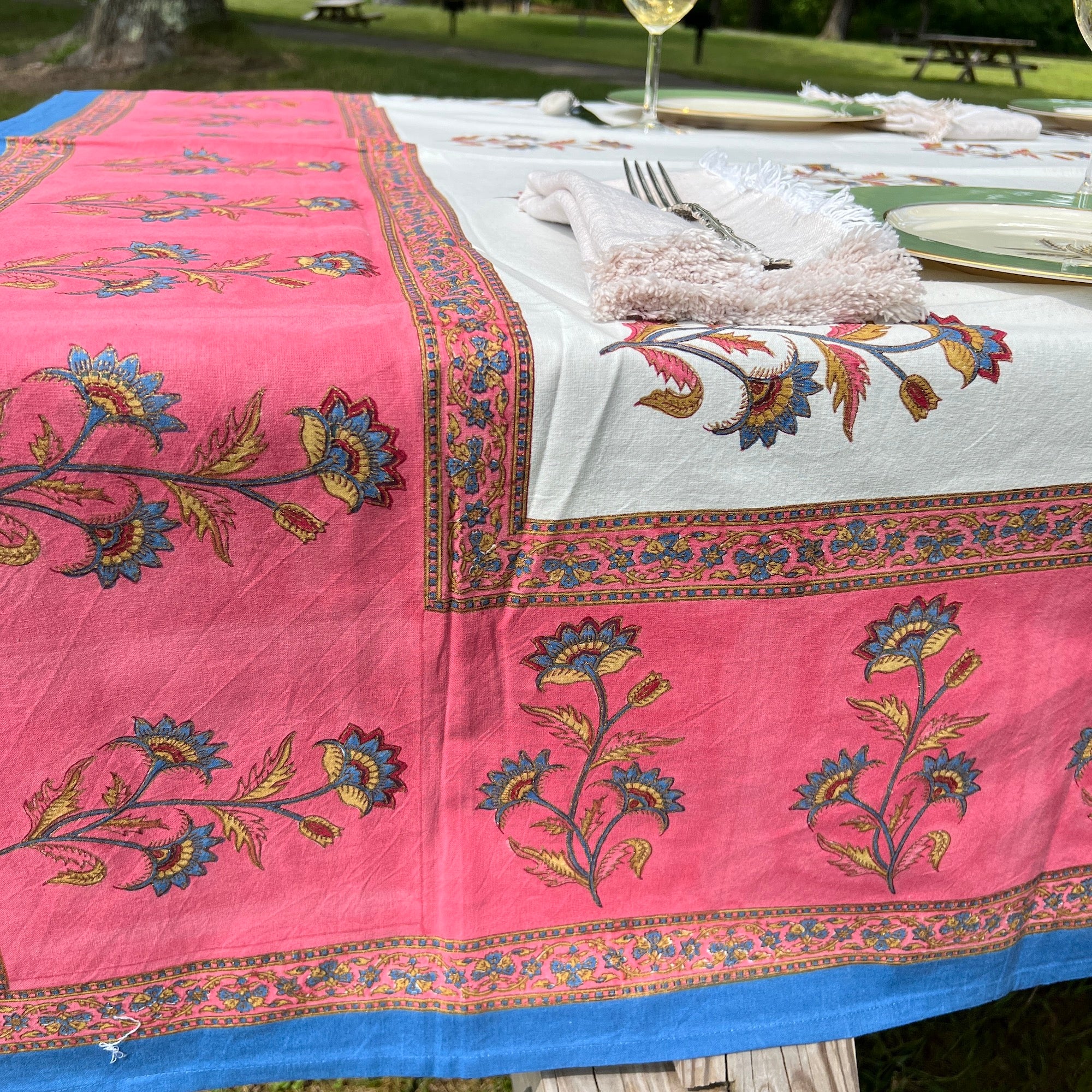 Floral Block Print Tablecloth 60 X 90- 2 Colors - Vintage India NYC