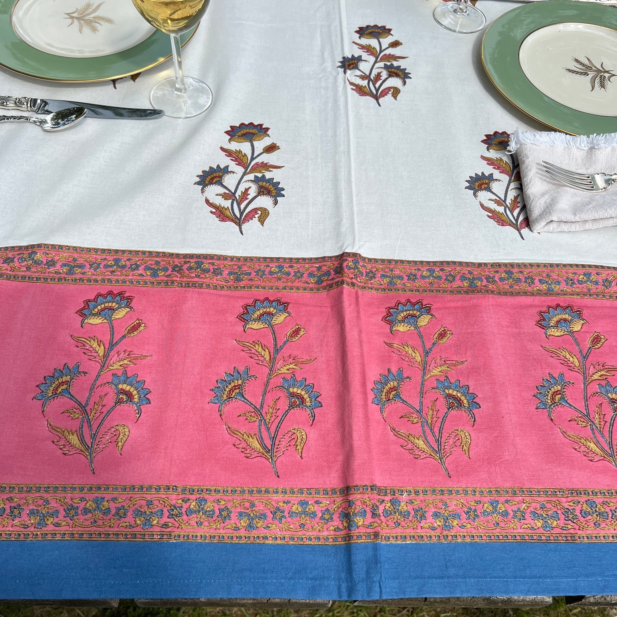 Floral Block Print Tablecloth 60 X 90- 2 Colors - Vintage India NYC