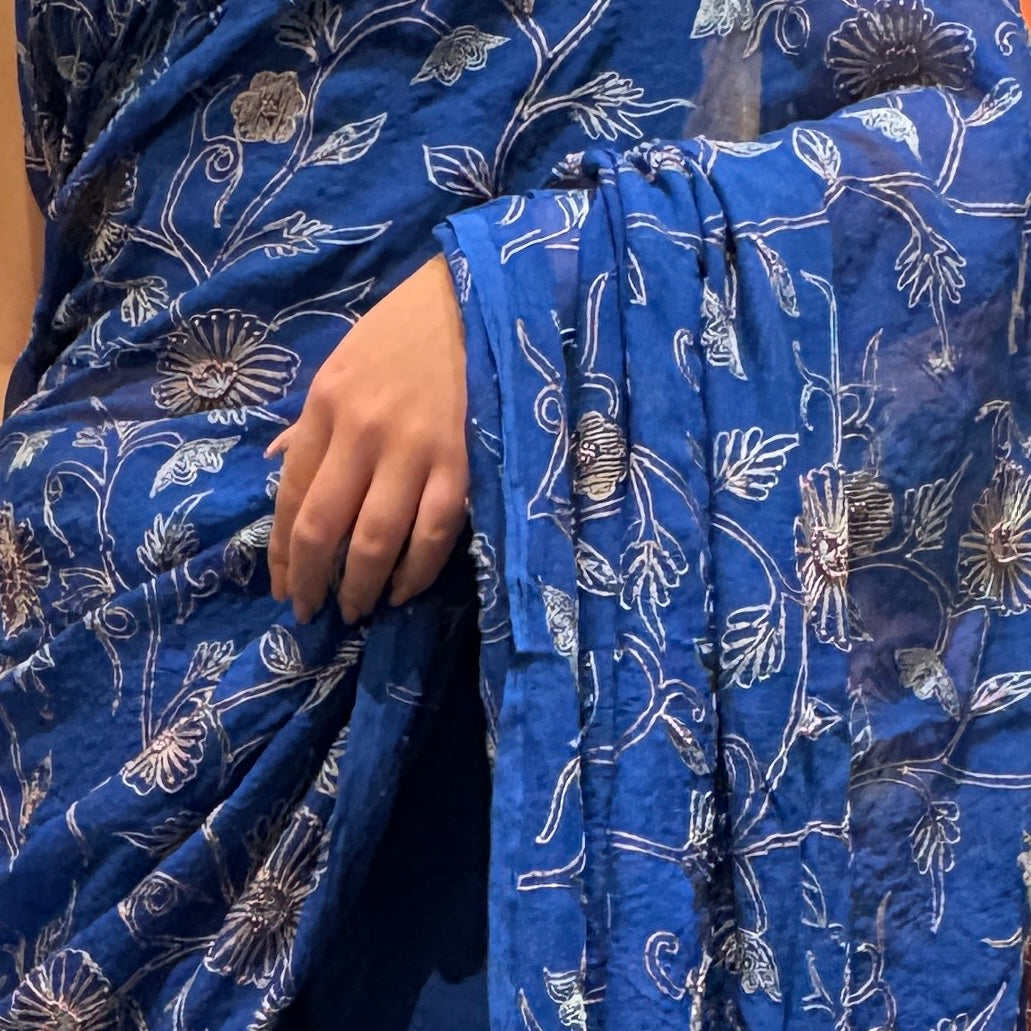 Royal Silk Chiffon Hand Embroidered Saree - Vintage India NYC