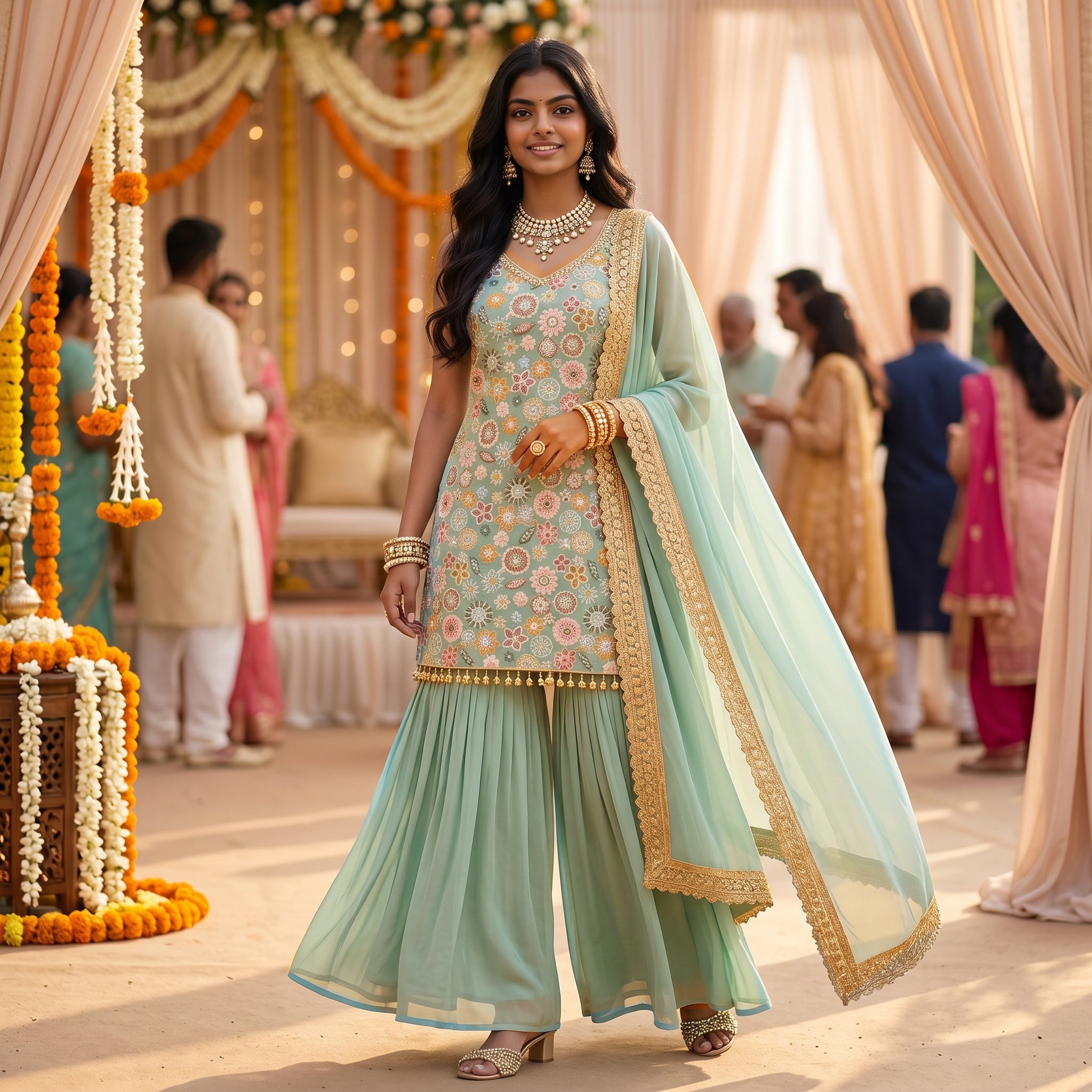 V Neck Embroidered Gharara Set-Colors - Vintage India NYC