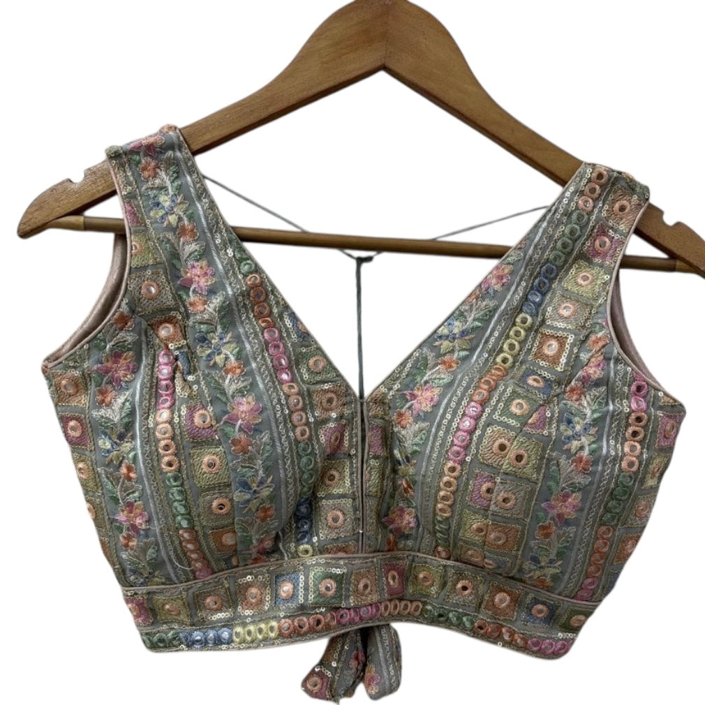 Sage Embroidered V Neck Choli Blouse - Vintage India NYC
