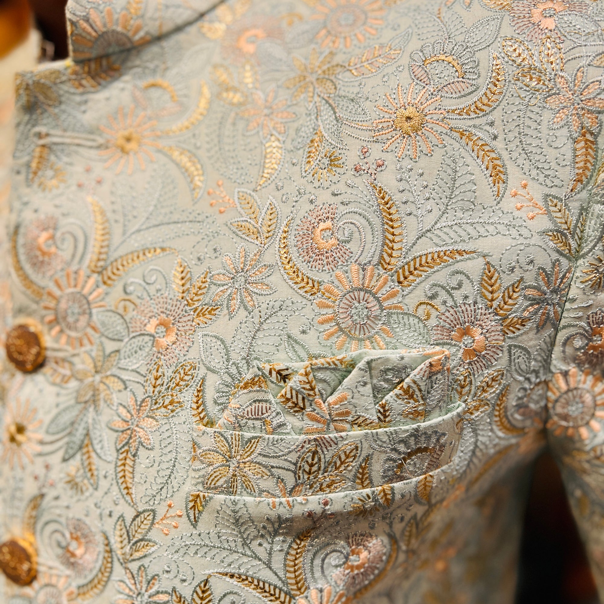 YD Mint Blue Embroidered Sherwani - Vintage India NYC