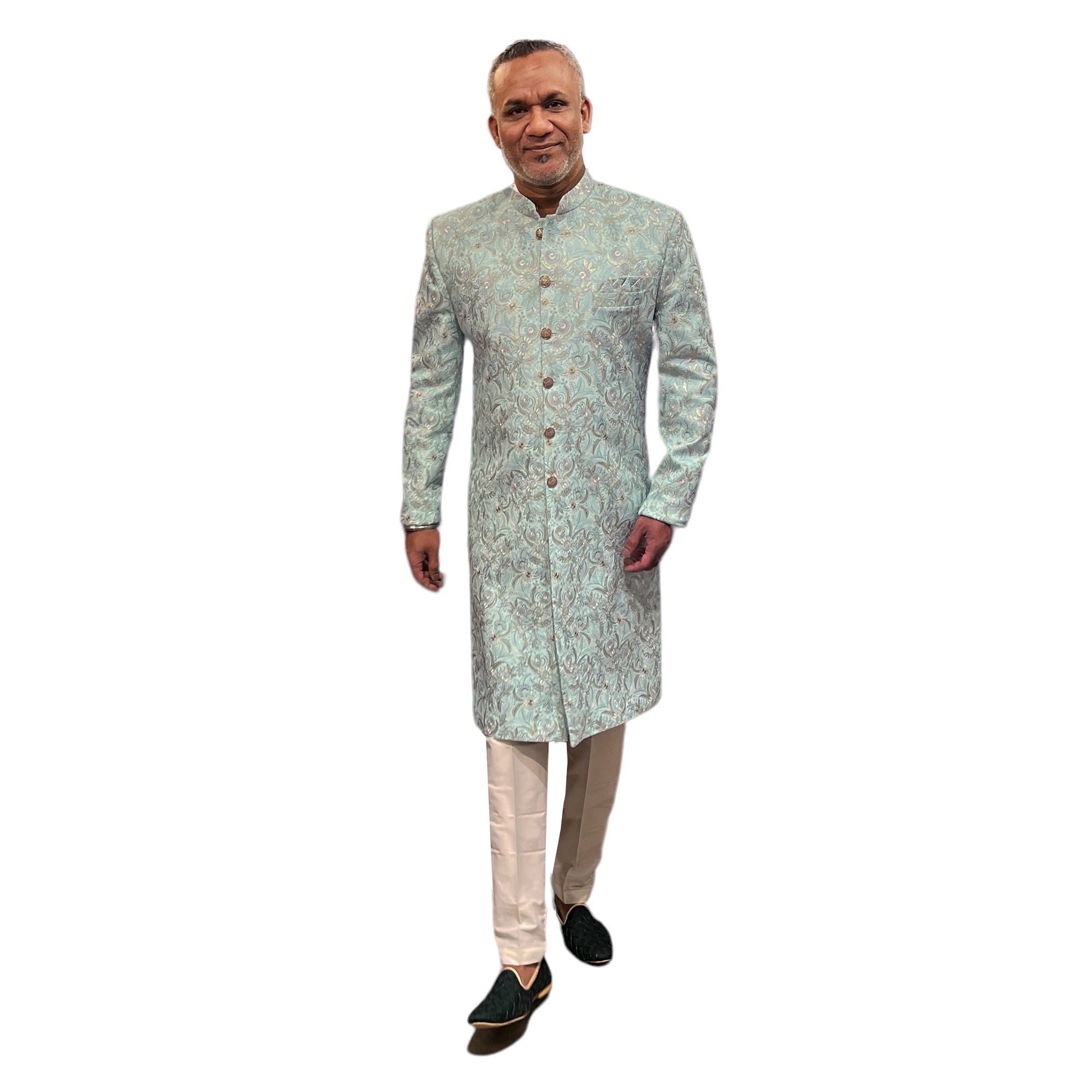 YD Mint Blue Embroidered Sherwani - Vintage India NYC