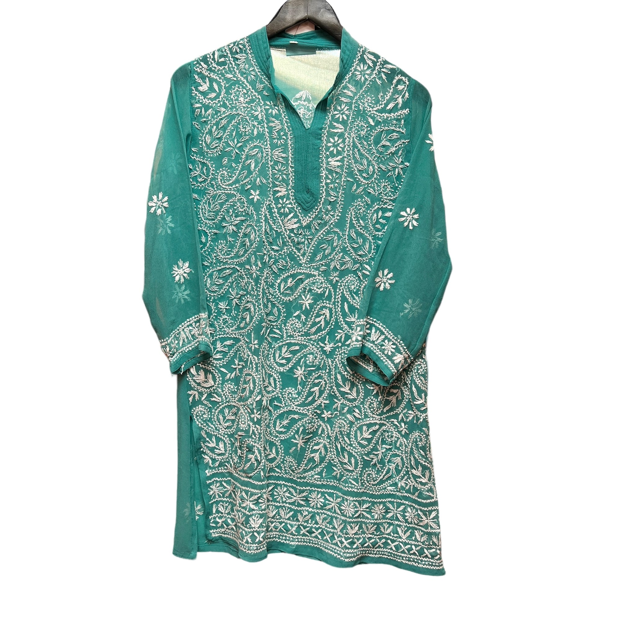 Sea Green Georgette Embroidered Kurta-Size 38 - Vintage India NYC