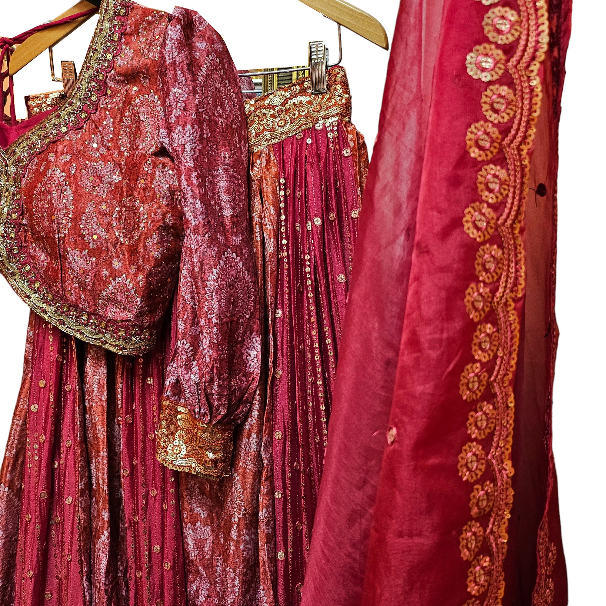 SH Crimson Pink Paisley Lehenga Set - Vintage India NYC