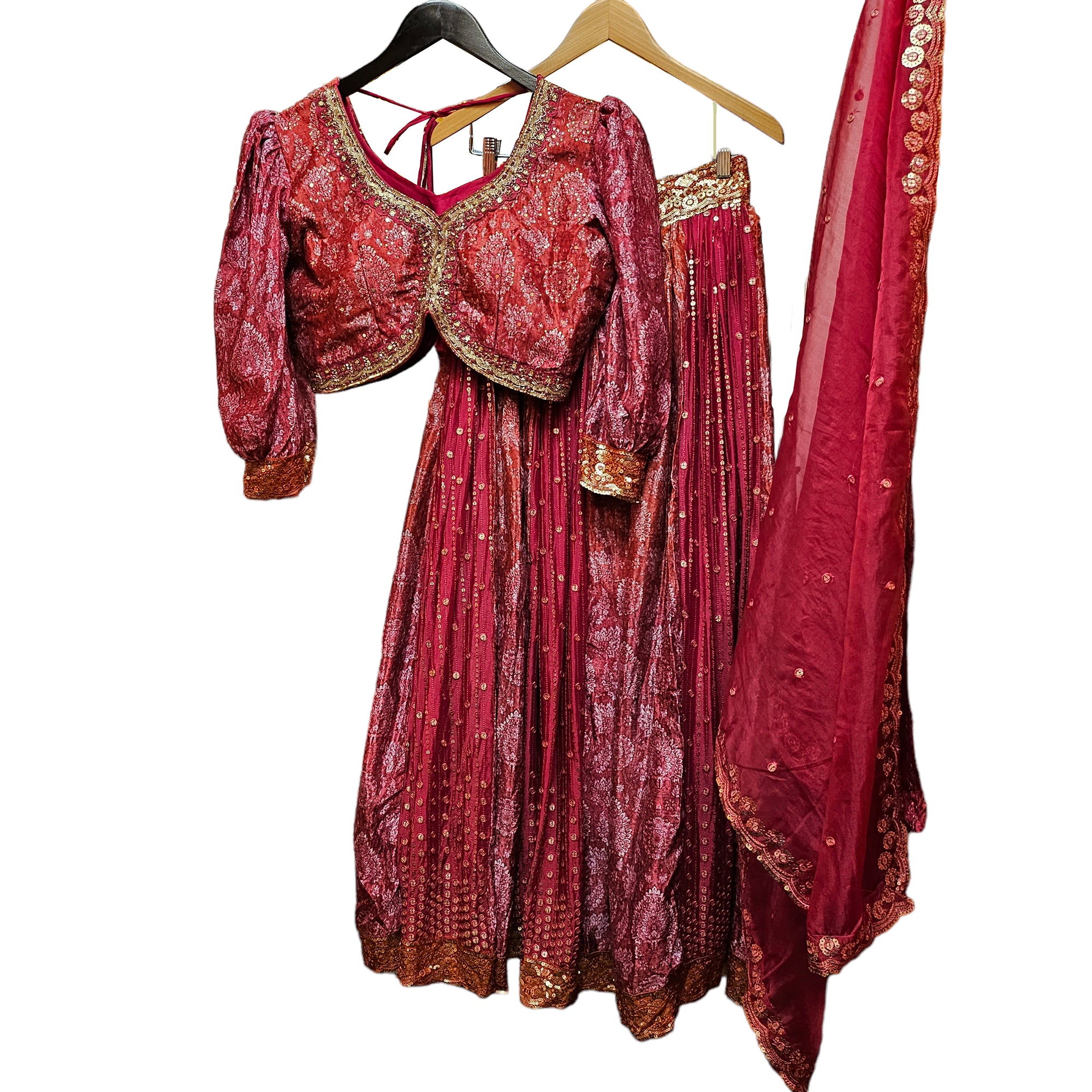 SH Crimson Pink Paisley Lehenga Set - Vintage India NYC