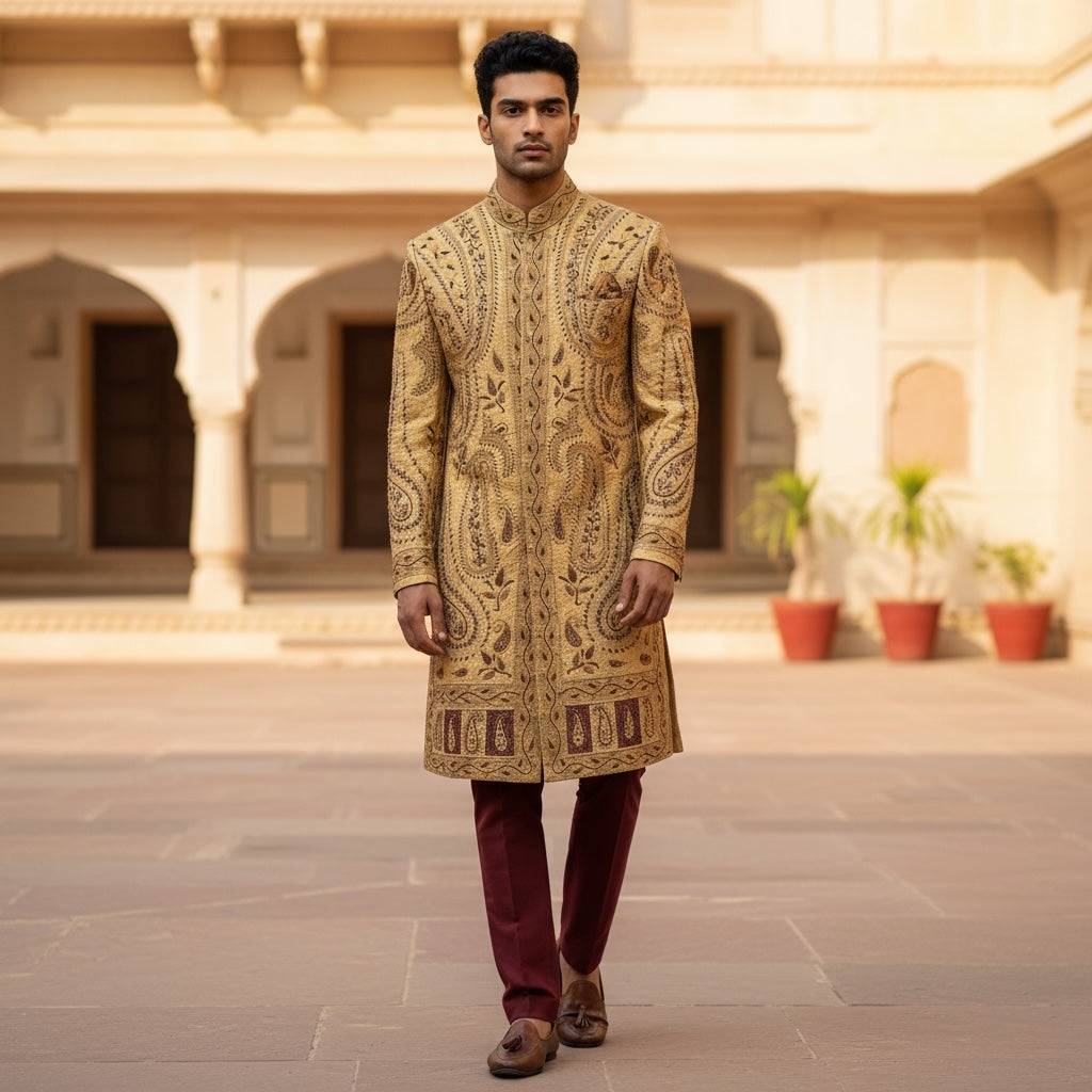 Silk Jacquard Hand Embroidered Sherwani