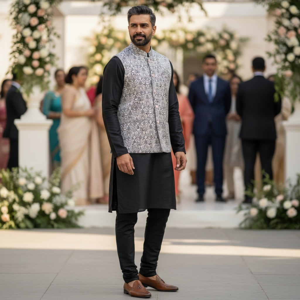 Silver Elephant Jacquard Vest - Vintage India NYC