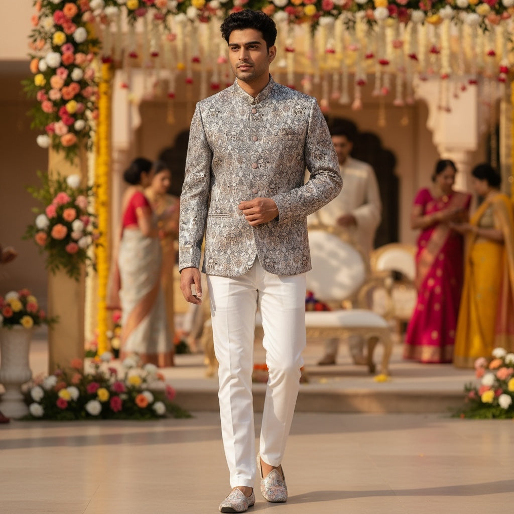 Silver Elephant Jacquard Jodhpuri Jacket - Vintage India NYC