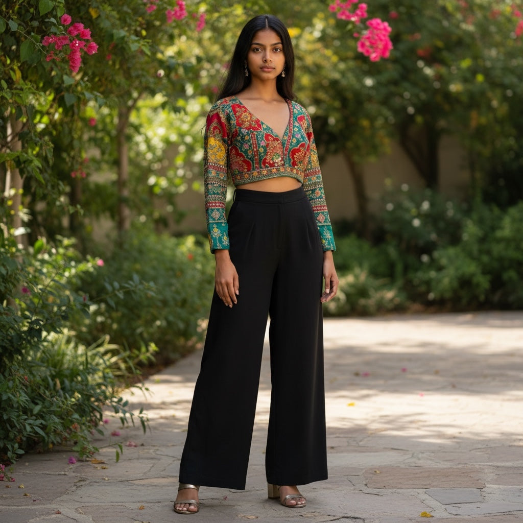 Long Sleeve V Neck Patchwork Choli Blouse-Colors