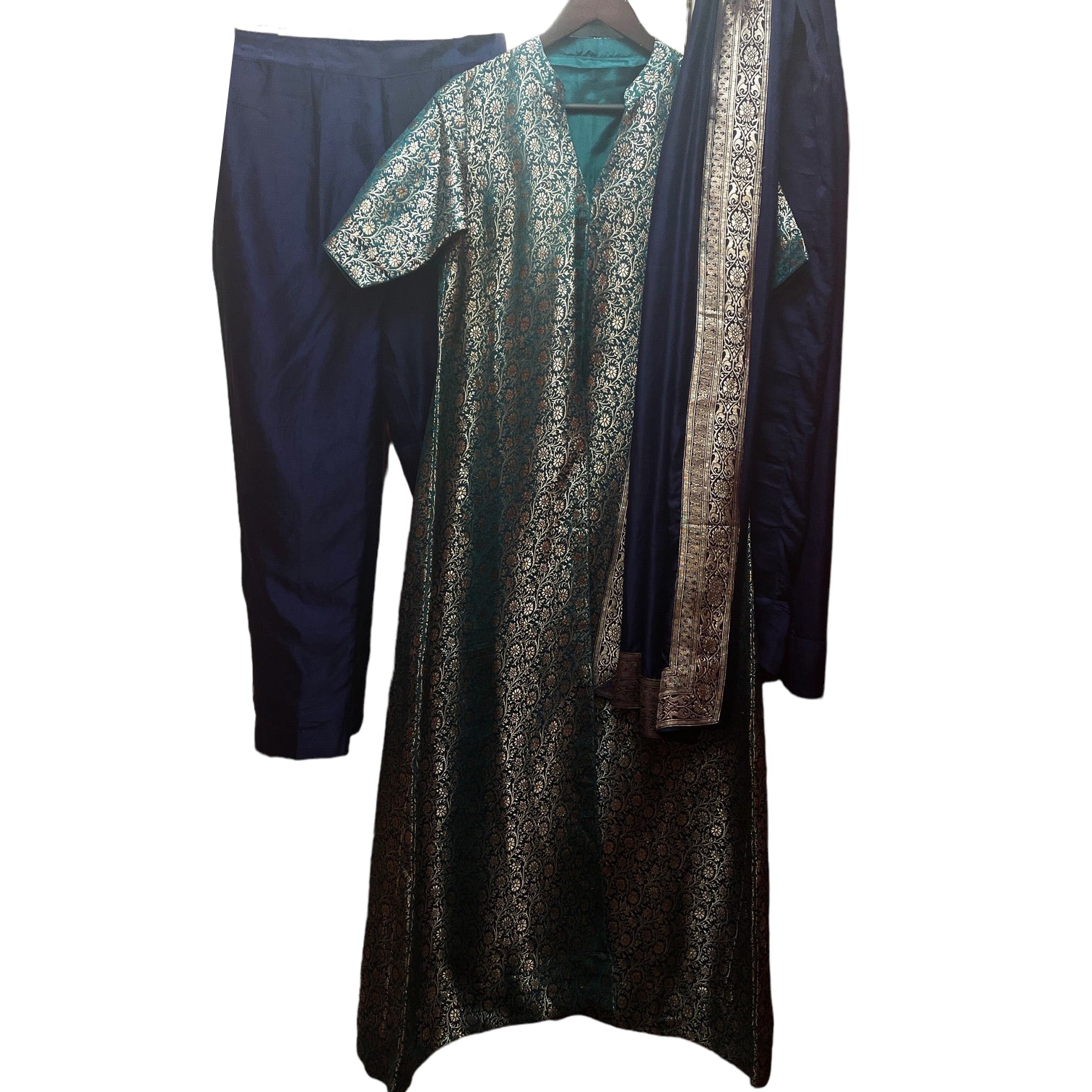 Teal Navy & Gold Brocade Kurta Set - Vintage India NYC