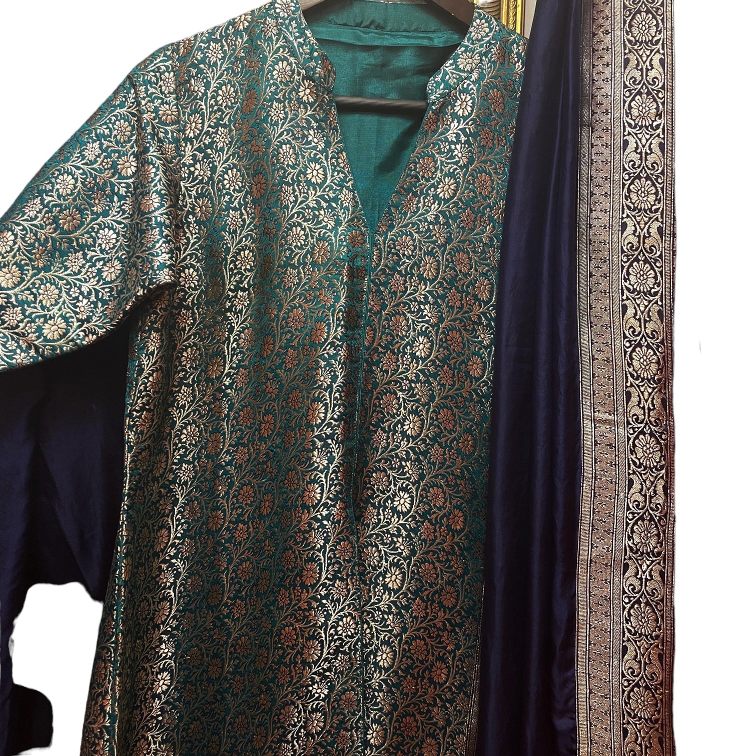 Teal Navy & Gold Brocade Kurta Set - Vintage India NYC