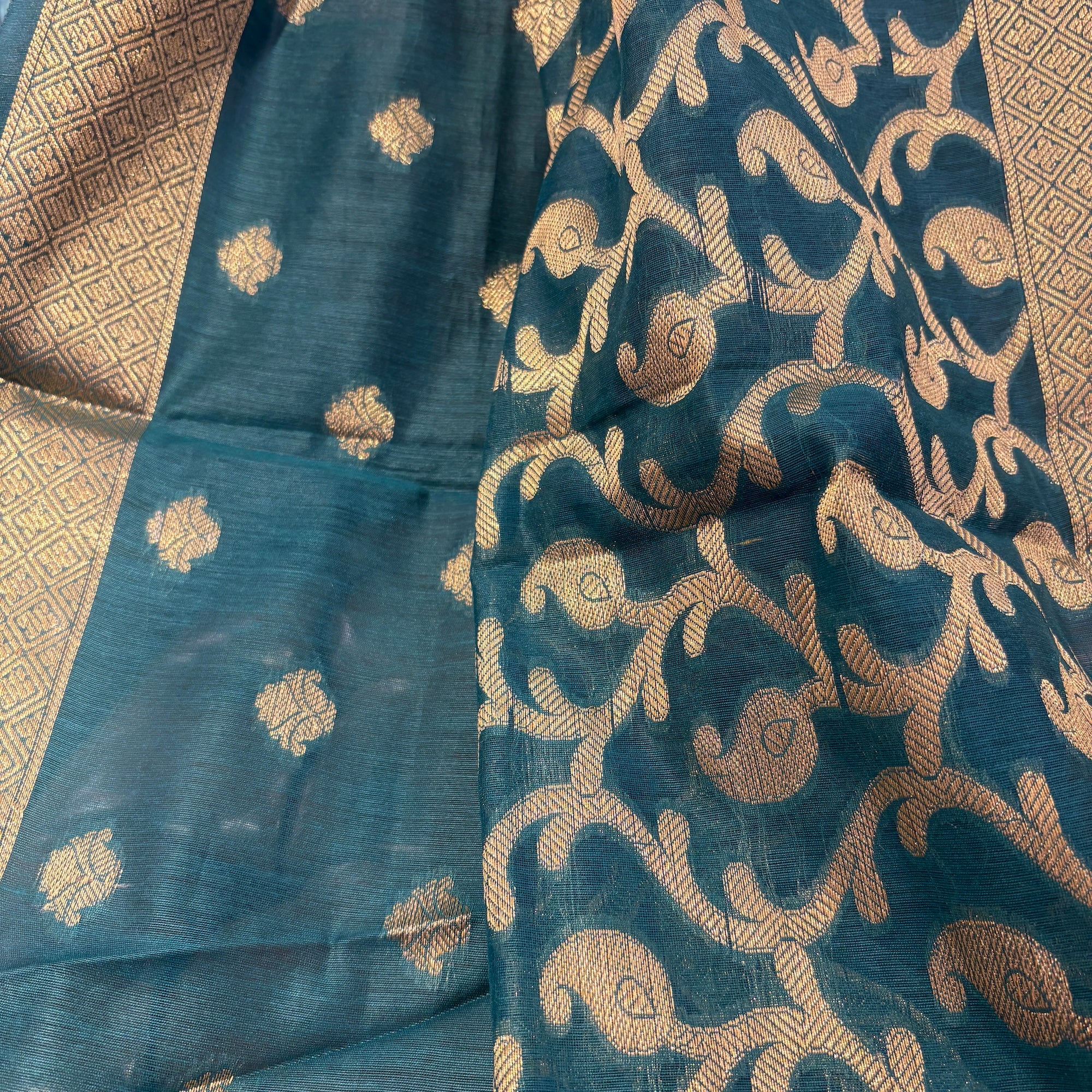 Teal Cotton Silk Banarasi Brocade Dupatta