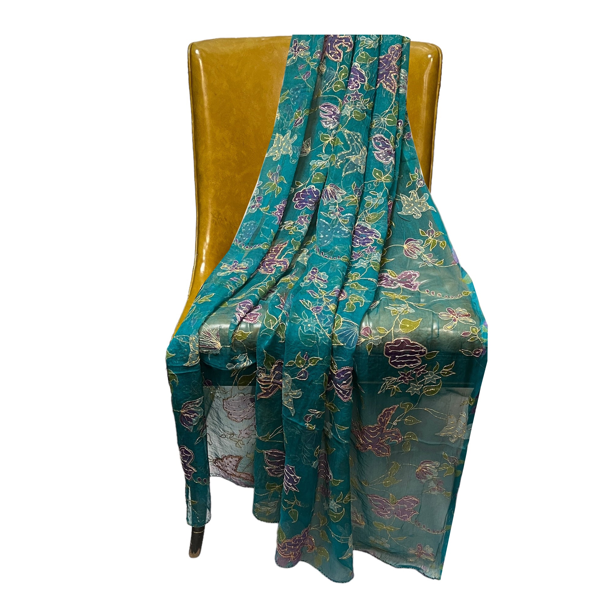 Teal Floral Zari Dupatta - Vintage India NYC