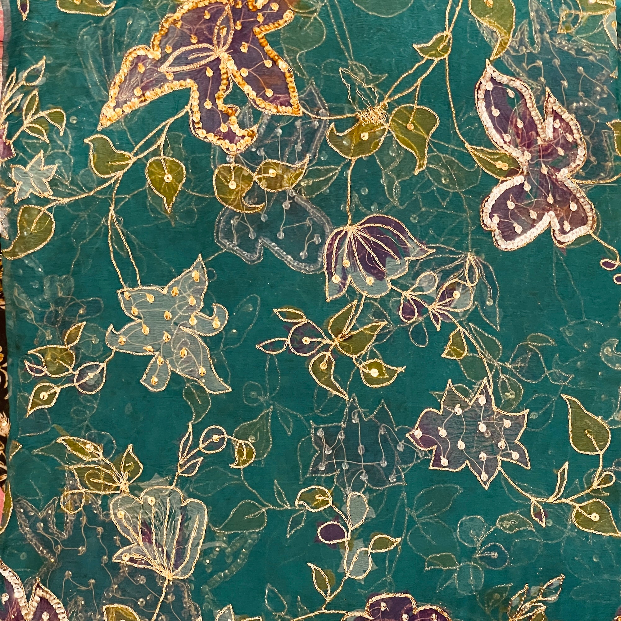 Teal Floral Zari Dupatta - Vintage India NYC