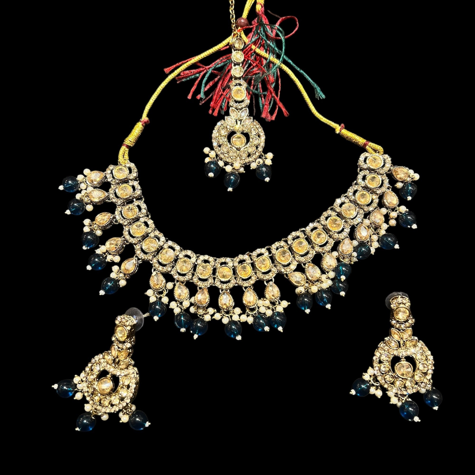 Teal Gold Stone Flower Necklace Set - Vintage India NYC
