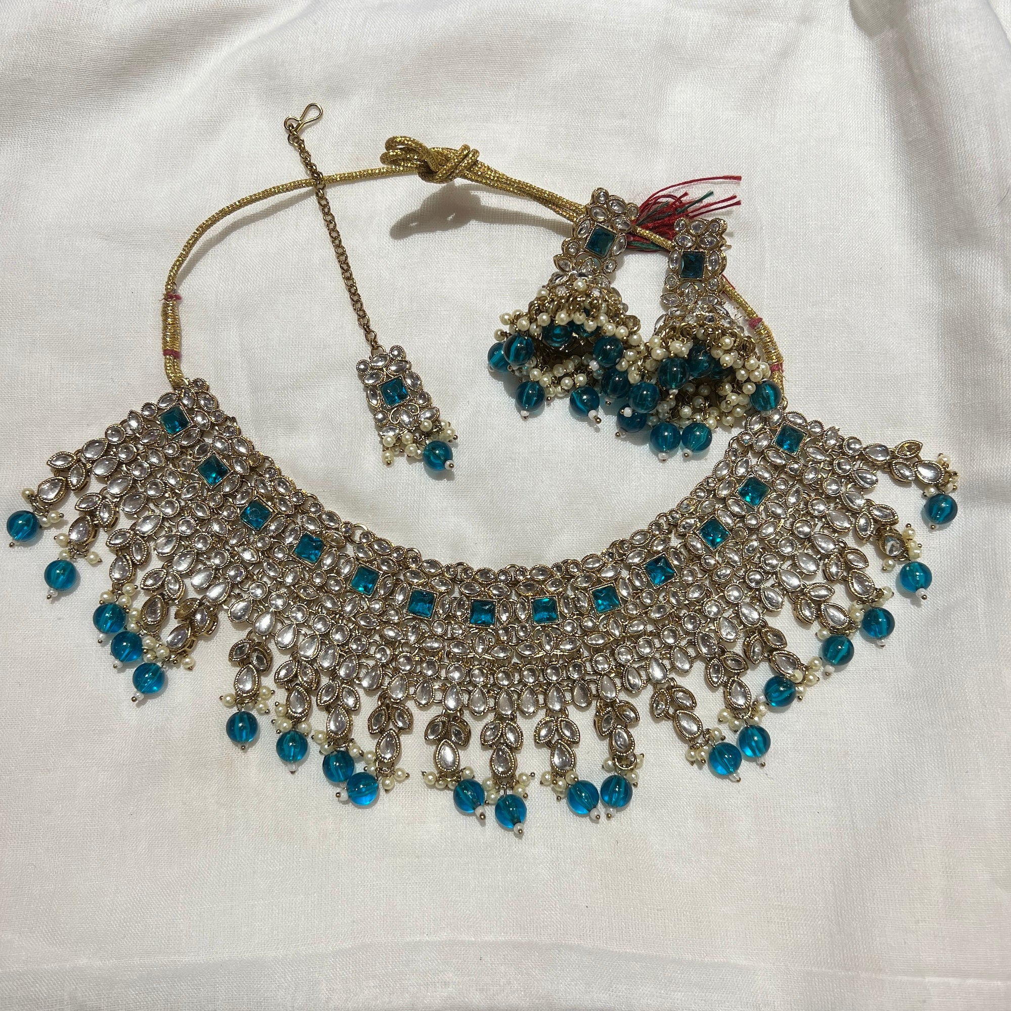 Teal Large Jhumka Necklace Set - Vintage India NYC