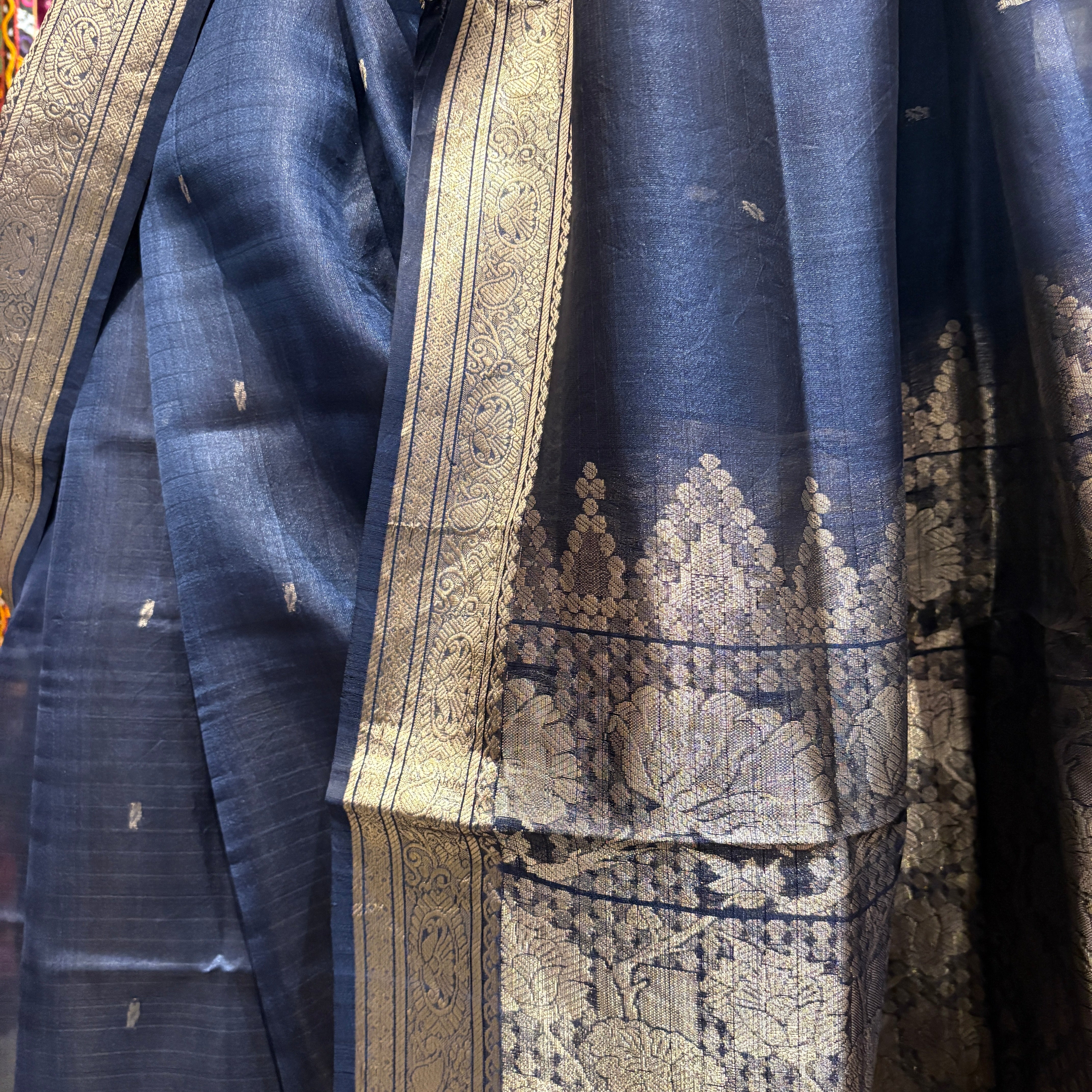 Navy Tissue Silk Banarasi Saree - Vintage India NYC