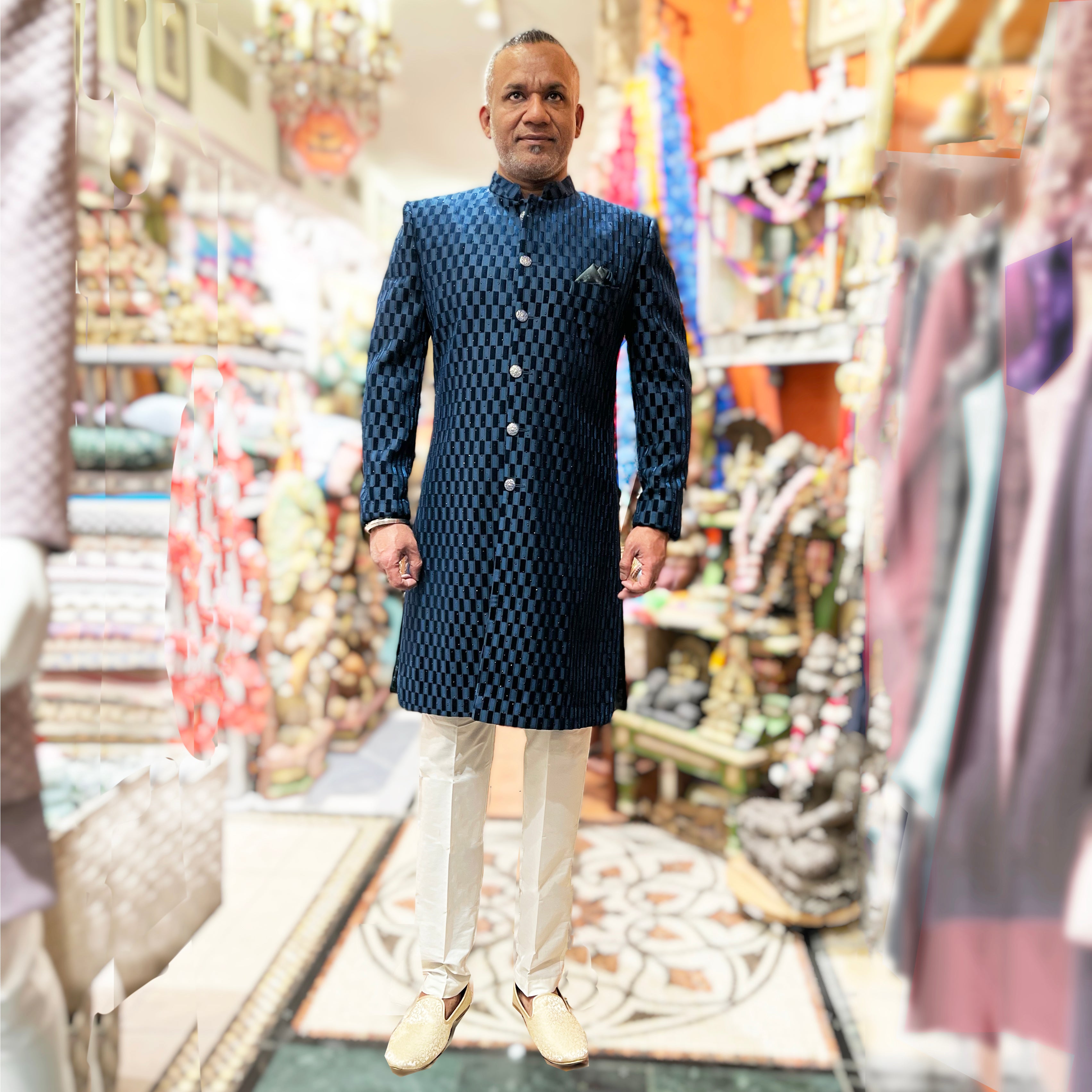 YD Ocean Velvet Devore Sherwani - Vintage India NYC