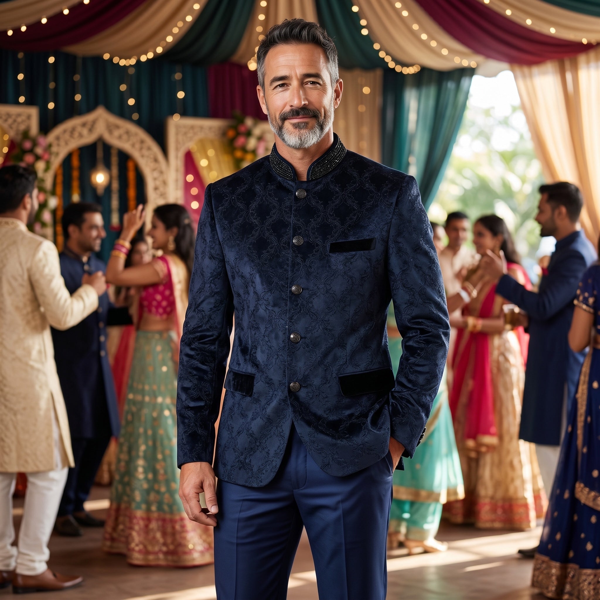 Navy Velvet Jodhpuri Jacket w/ Neckwork - Vintage India NYC