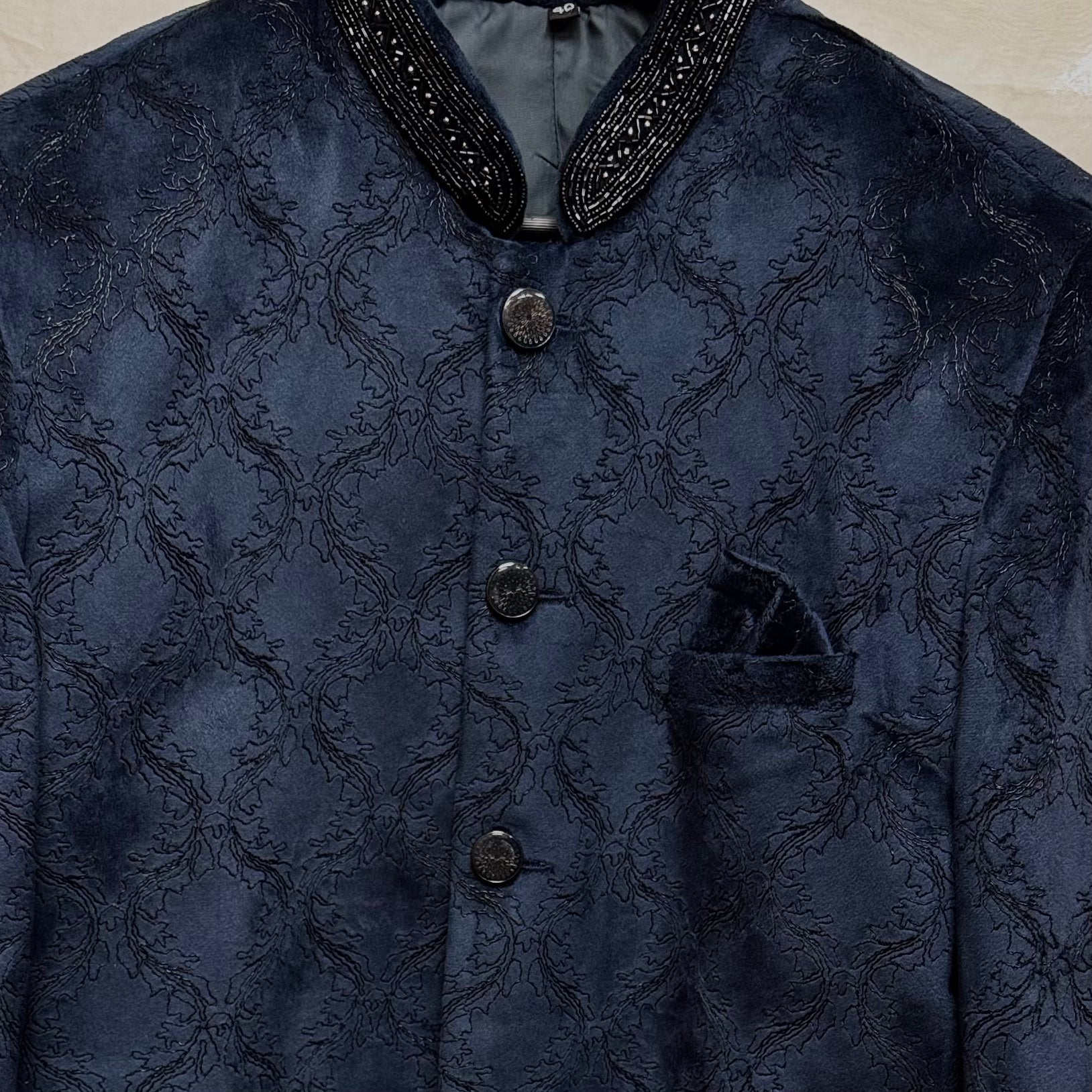 Navy Velvet Jodhpuri Jacket w/ Neckwork - Vintage India NYC