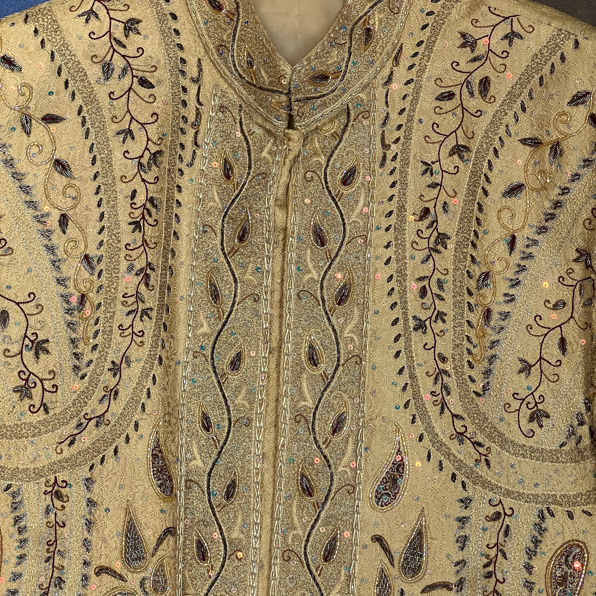 Silk Jacquard Hand Embroidered Sherwani - Vintage India NYC