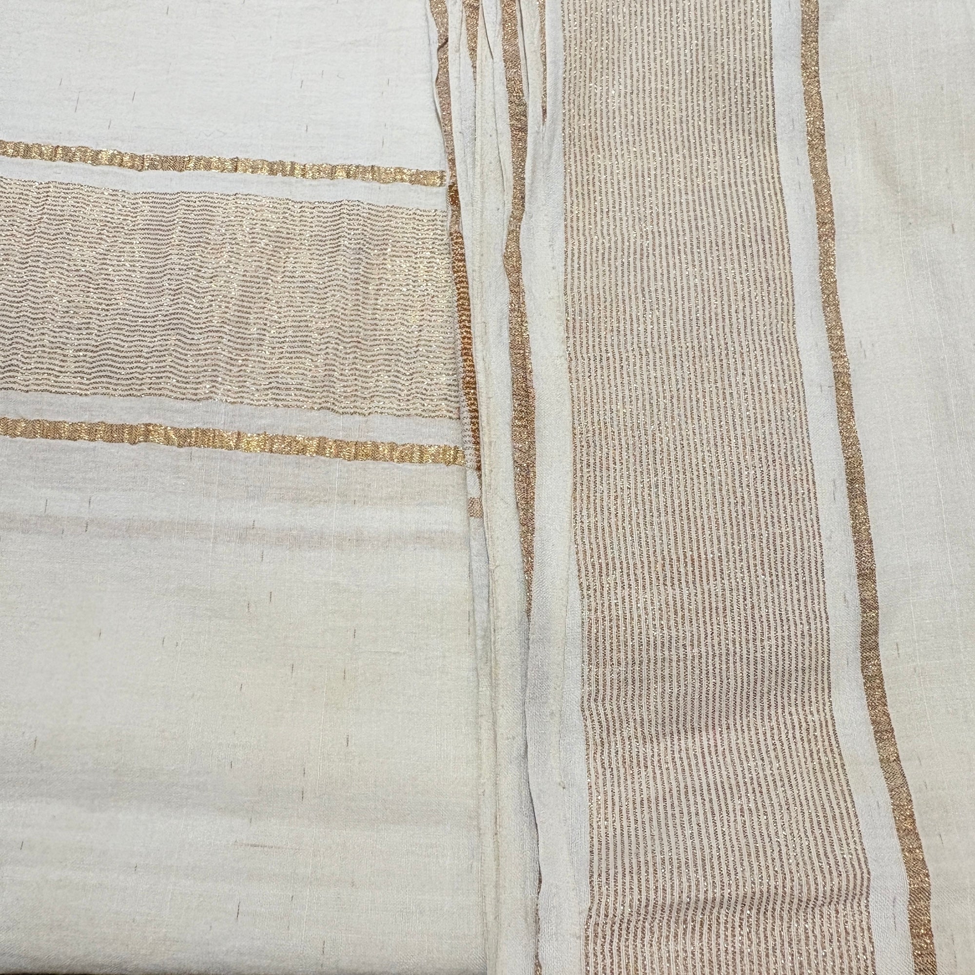 White w Gold Border Handwoven Cotton Dupatta Scarf - Vintage India NYC