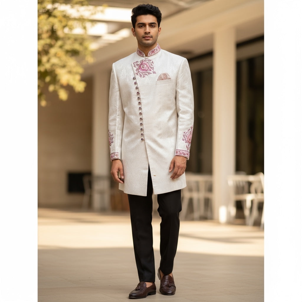 White Sherwani with Pink Embroidery