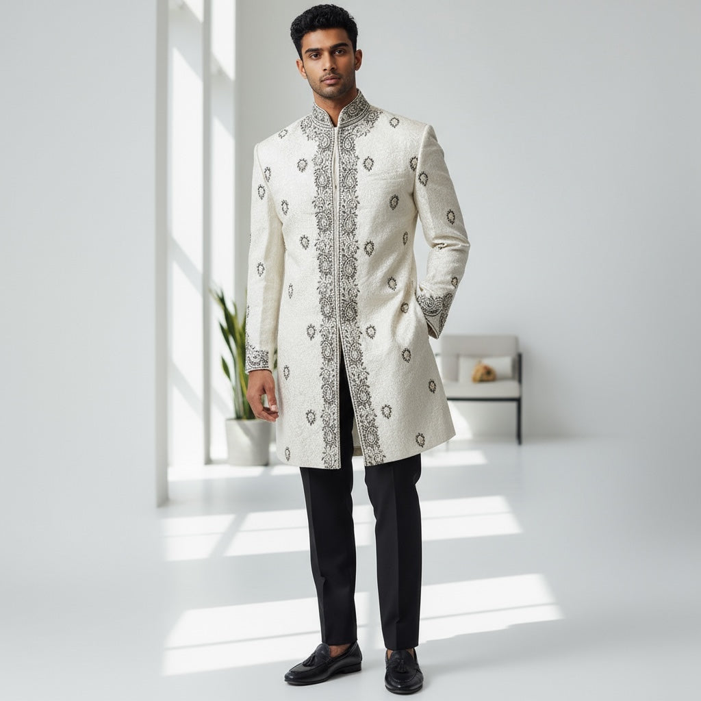 White and Silver Sherwani