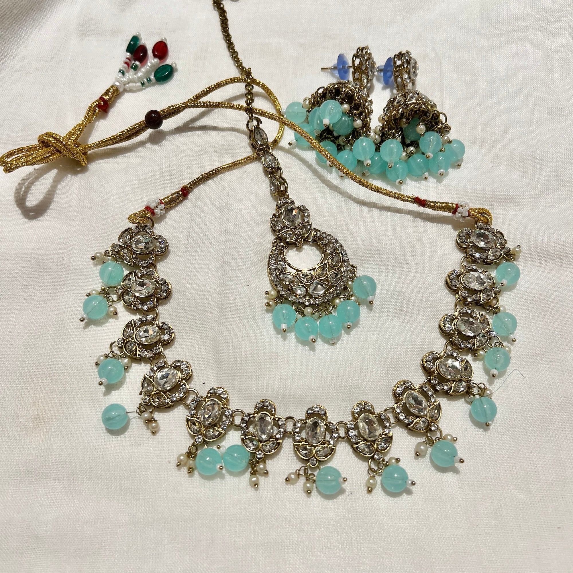 White Stone Jhumka Necklace Set-12 Colors - Vintage India NYC