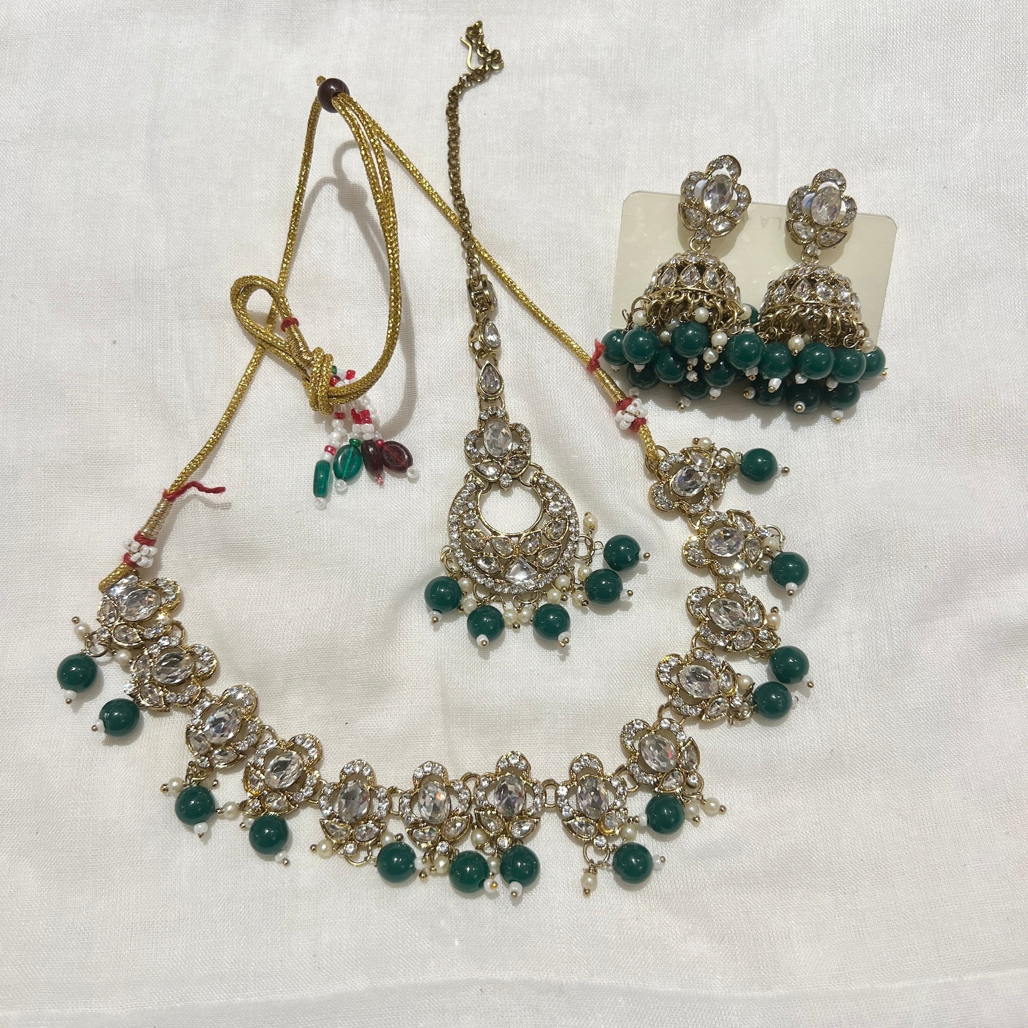 White Stone Jhumka Necklace Set-12 Colors - Vintage India NYC