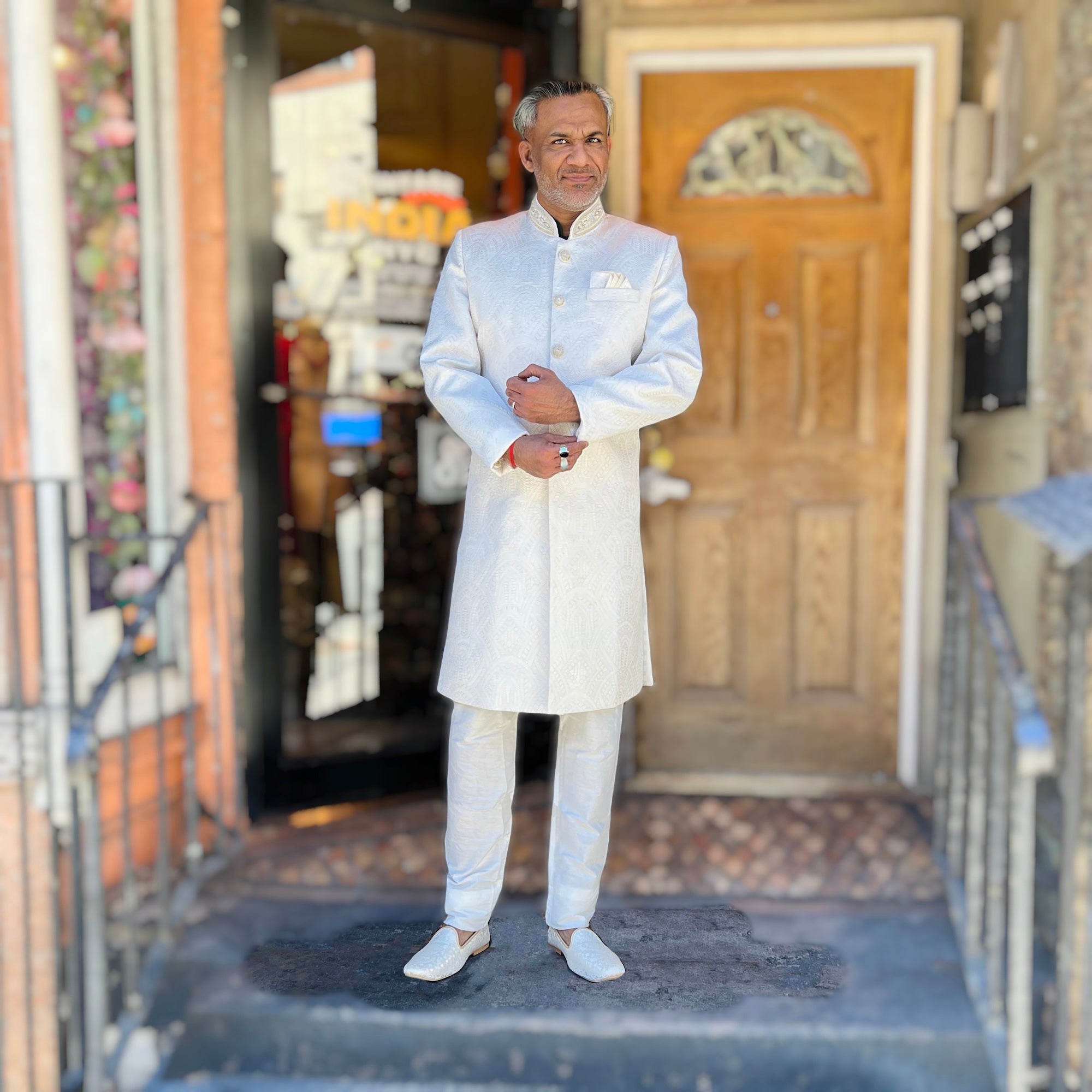 Ivory Textured Sherwani w/ Neckwork - Vintage India NYC