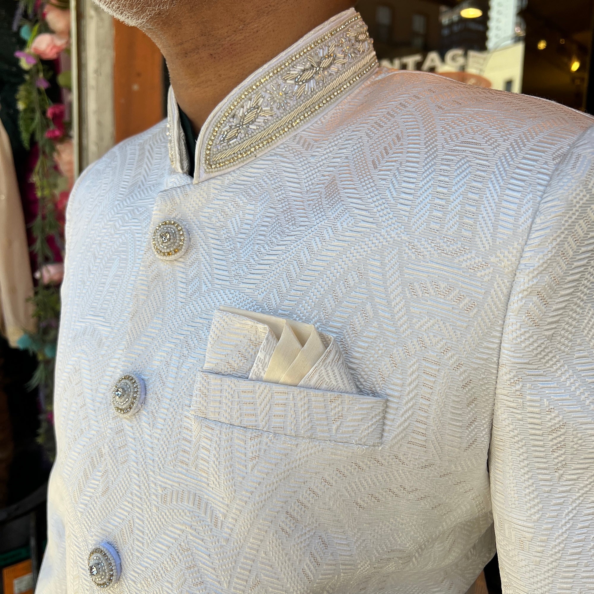Ivory Textured Sherwani w/ Neckwork