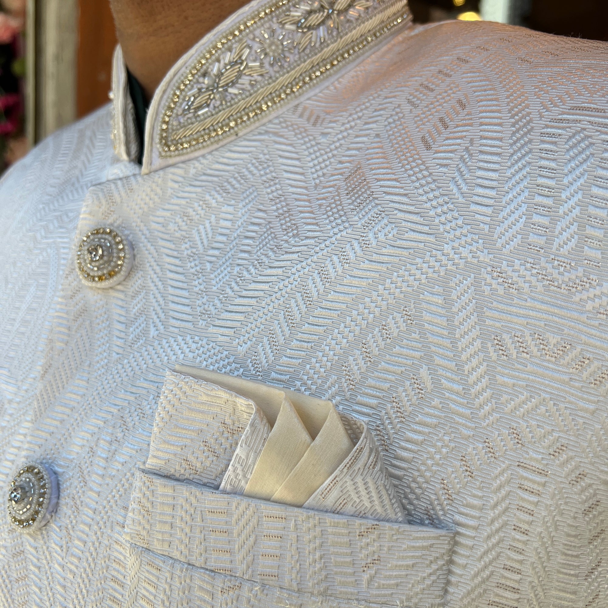 Ivory Textured Sherwani w/ Neckwork - Vintage India NYC