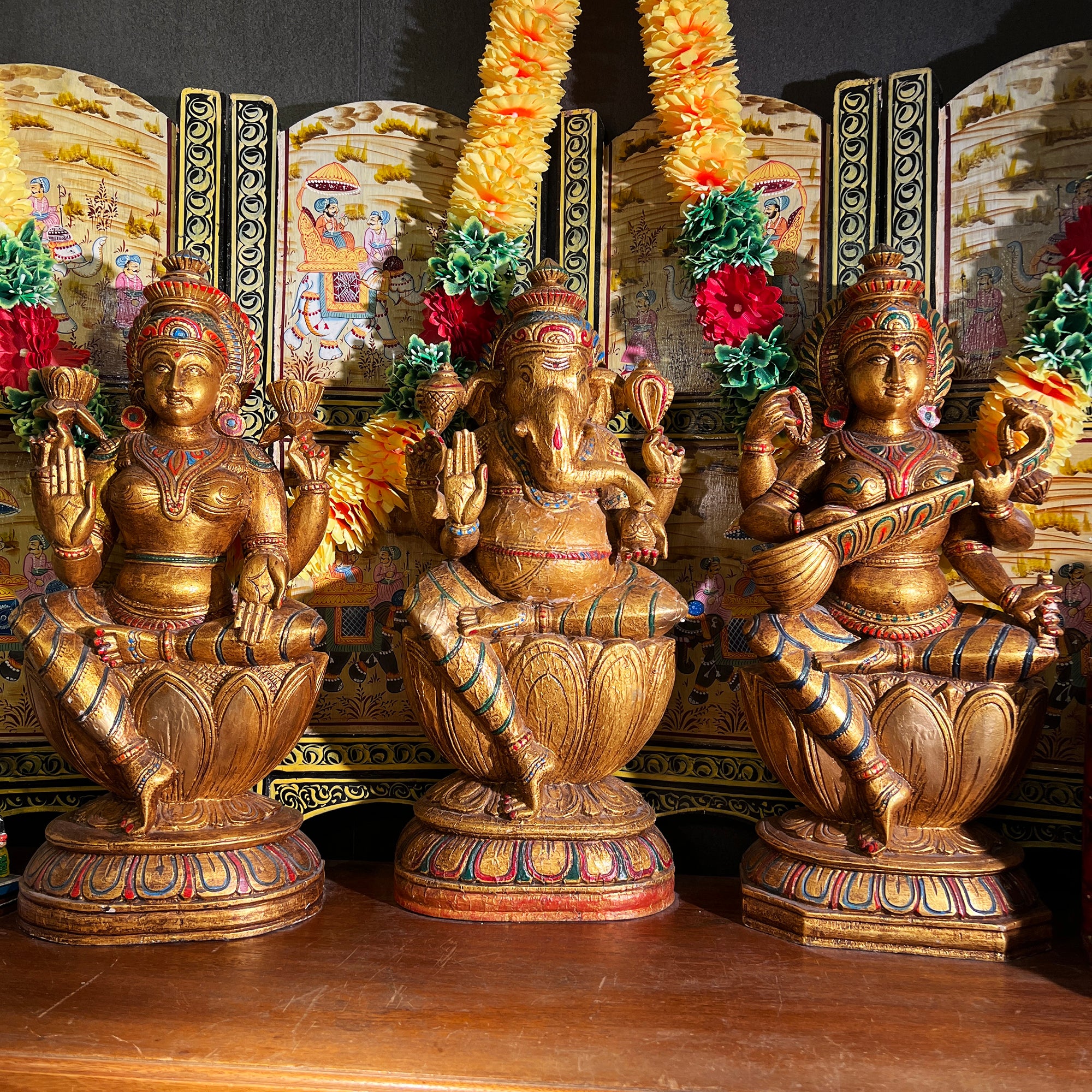 Wooden Gold Leaf Lakshmi , Ganesh and Saraswati - Vintage India NYC