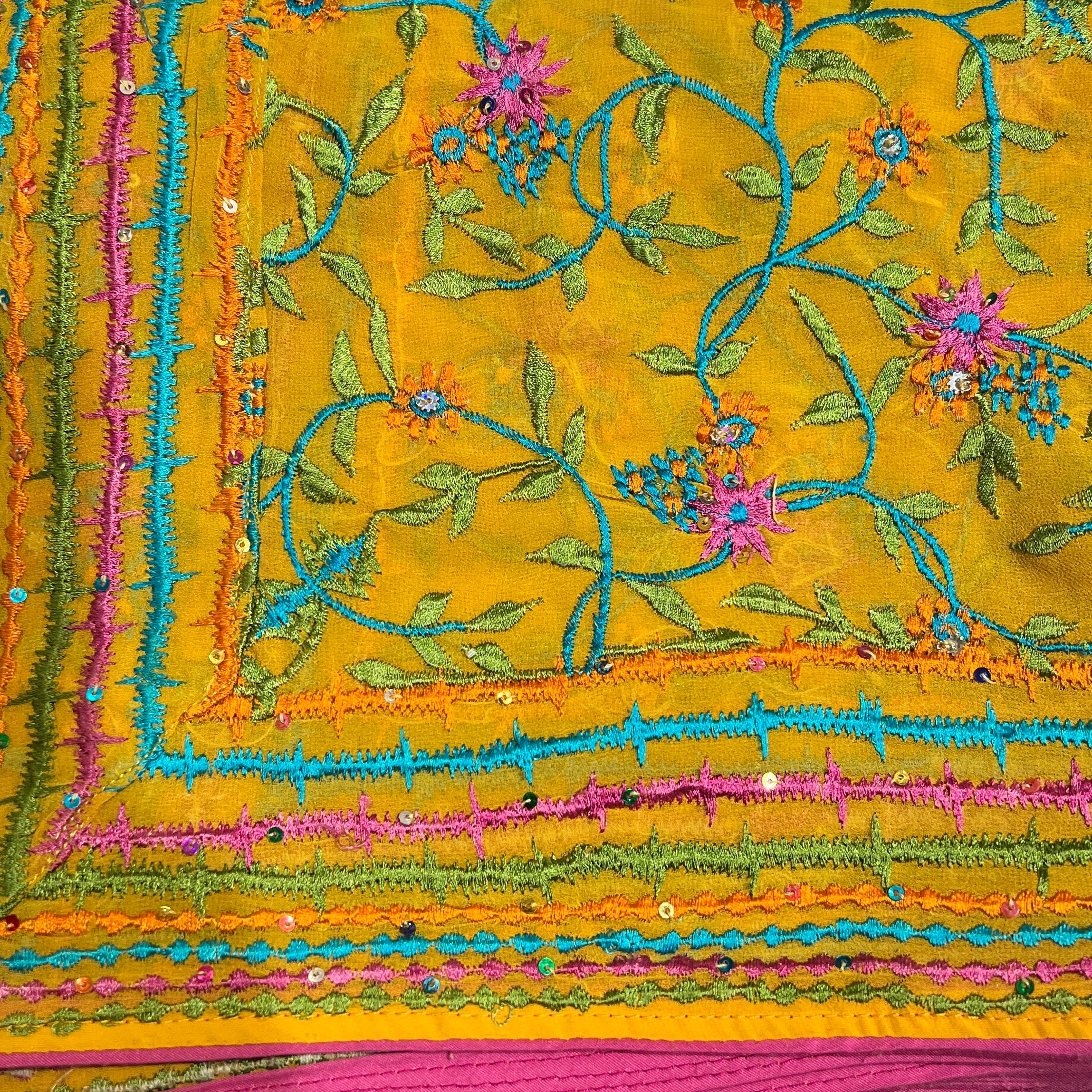Yellow Multicolor Threadwork Embroidered Dupatta - Vintage India NYC