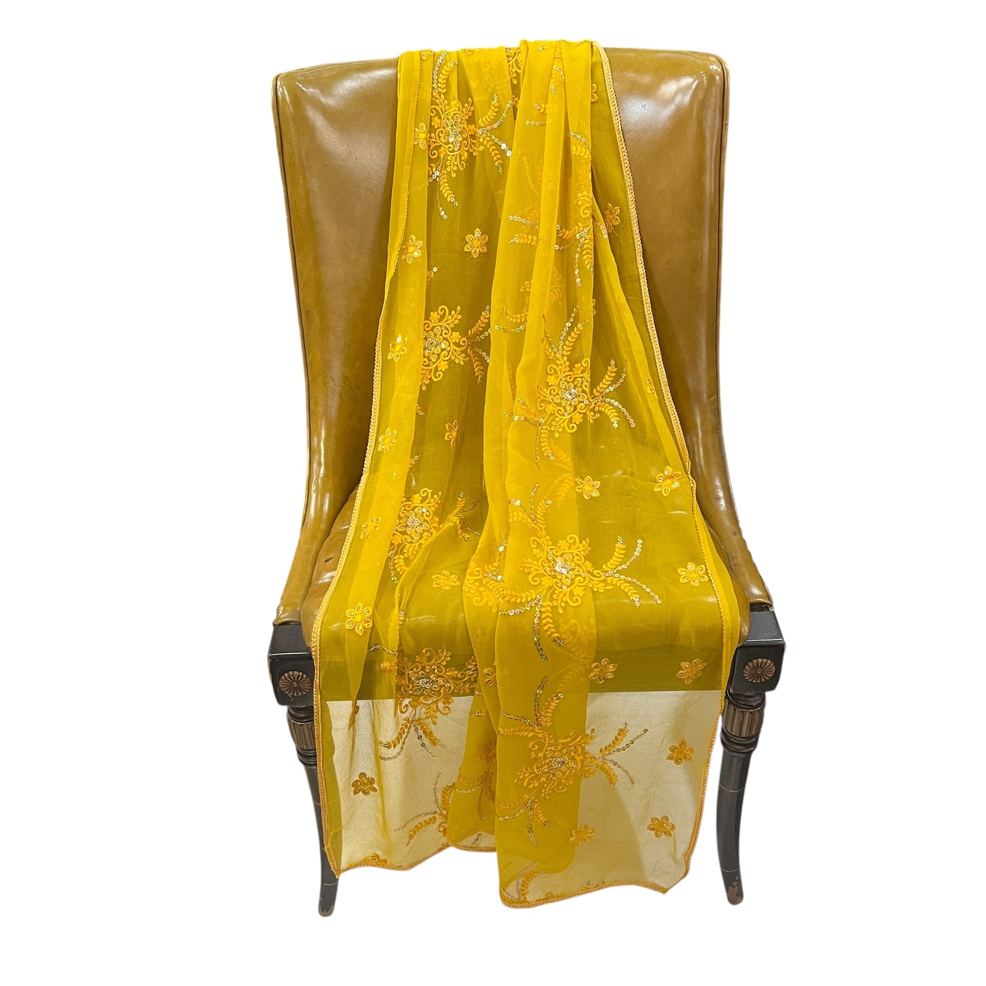 Yellow Threadwork Embroidered Dupatta - Vintage India NYC