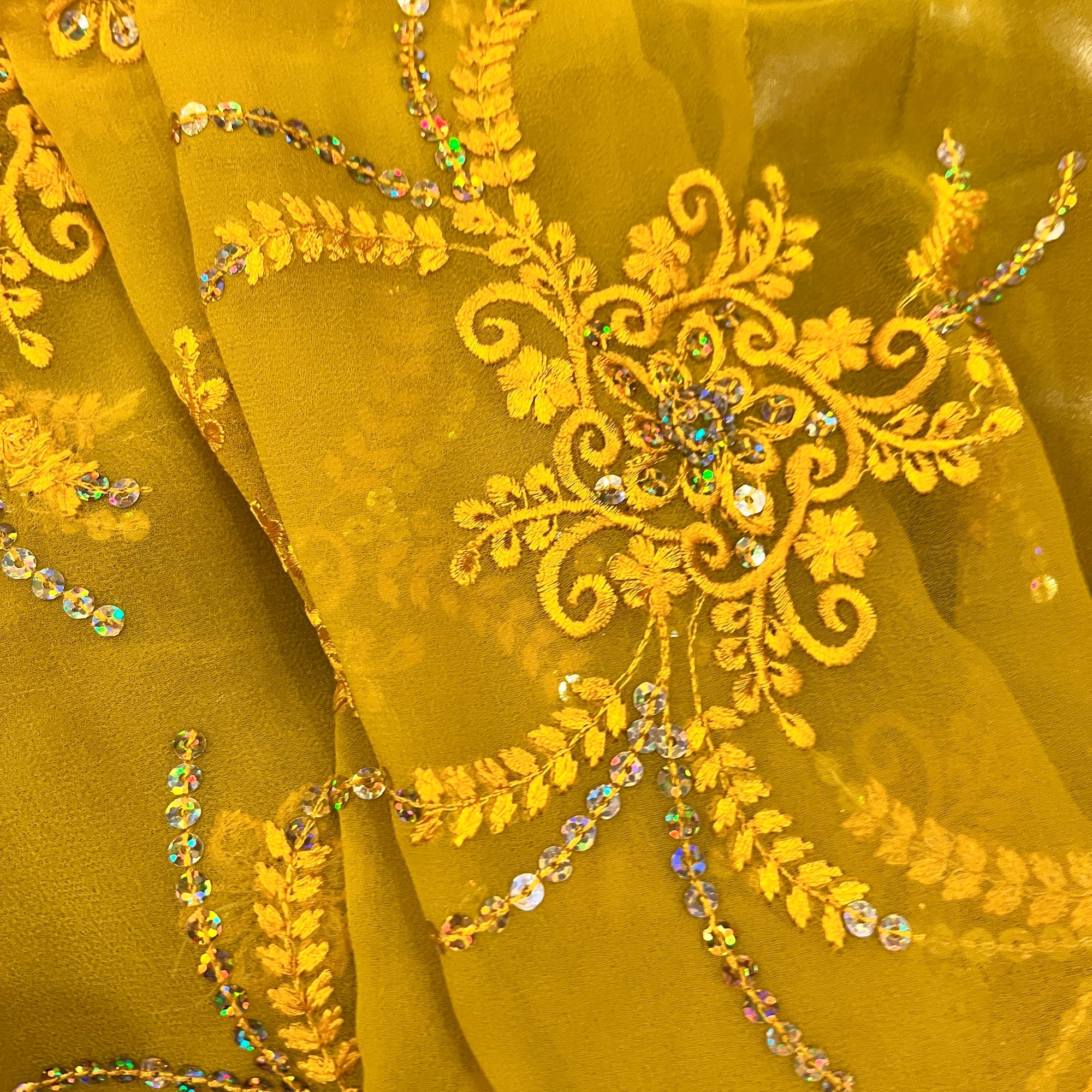 Yellow Threadwork Embroidered Dupatta - Vintage India NYC